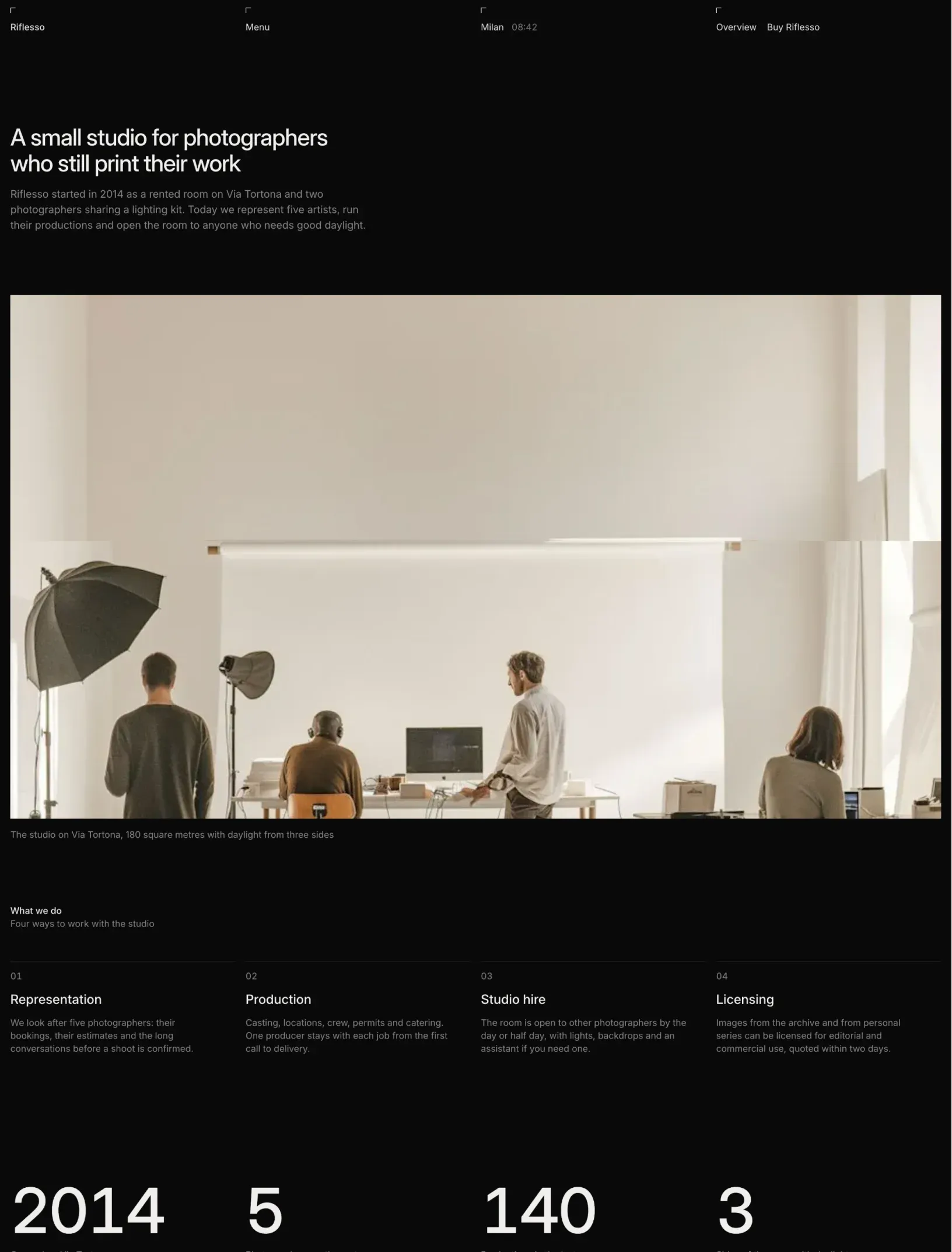 Riflesso about page with the small studio headline, a wide photo of the white studio on Via Tortona, four services and the studio in numbers