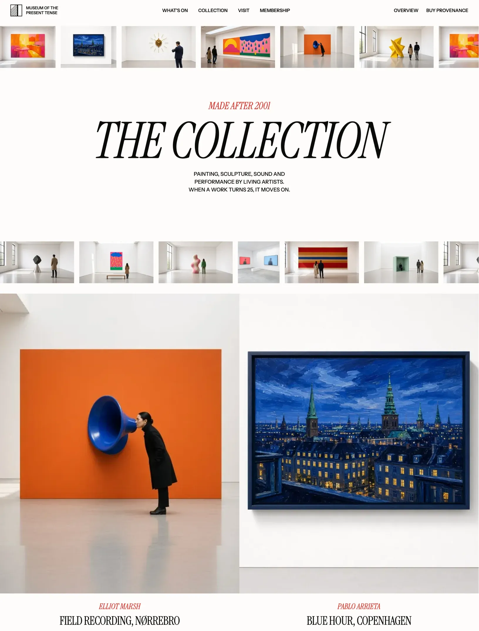 Offcut collection index with two marquee rows of works above and below The collection title, then the works grid with the giant blue horn and the Copenhagen painting labelled with artist and title