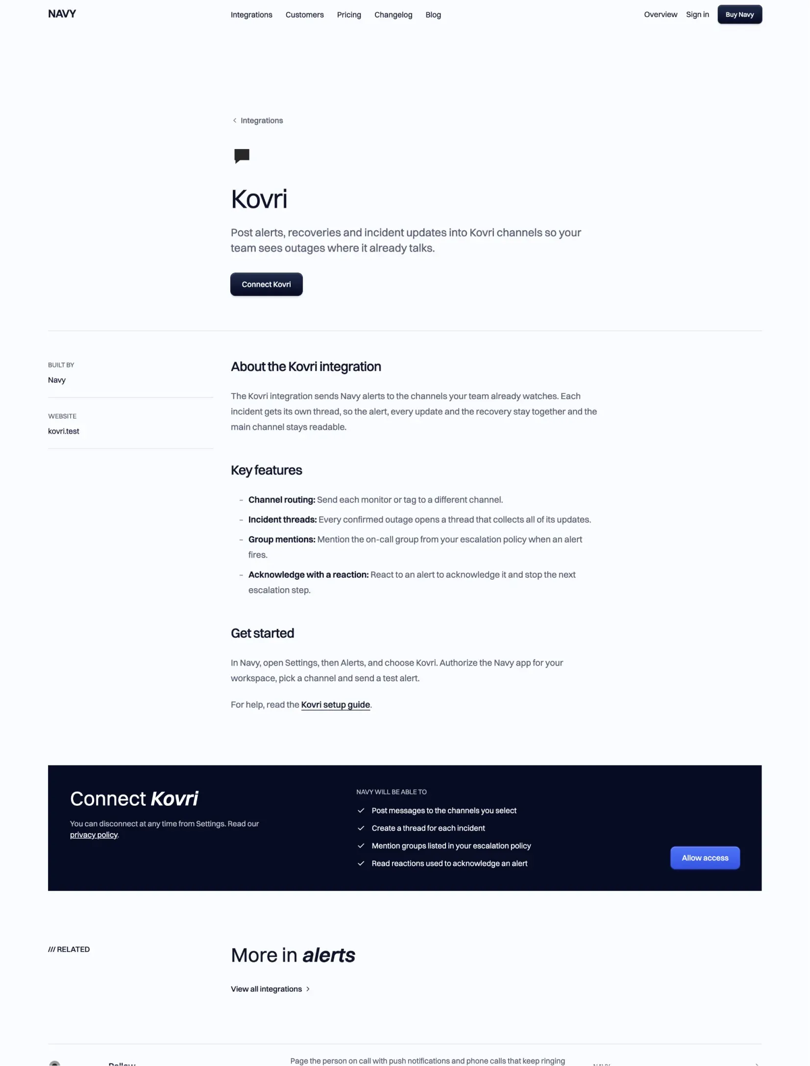 Navy integration page for Kovri with its features and setup steps, and a navy panel listing what Navy can access before you connect