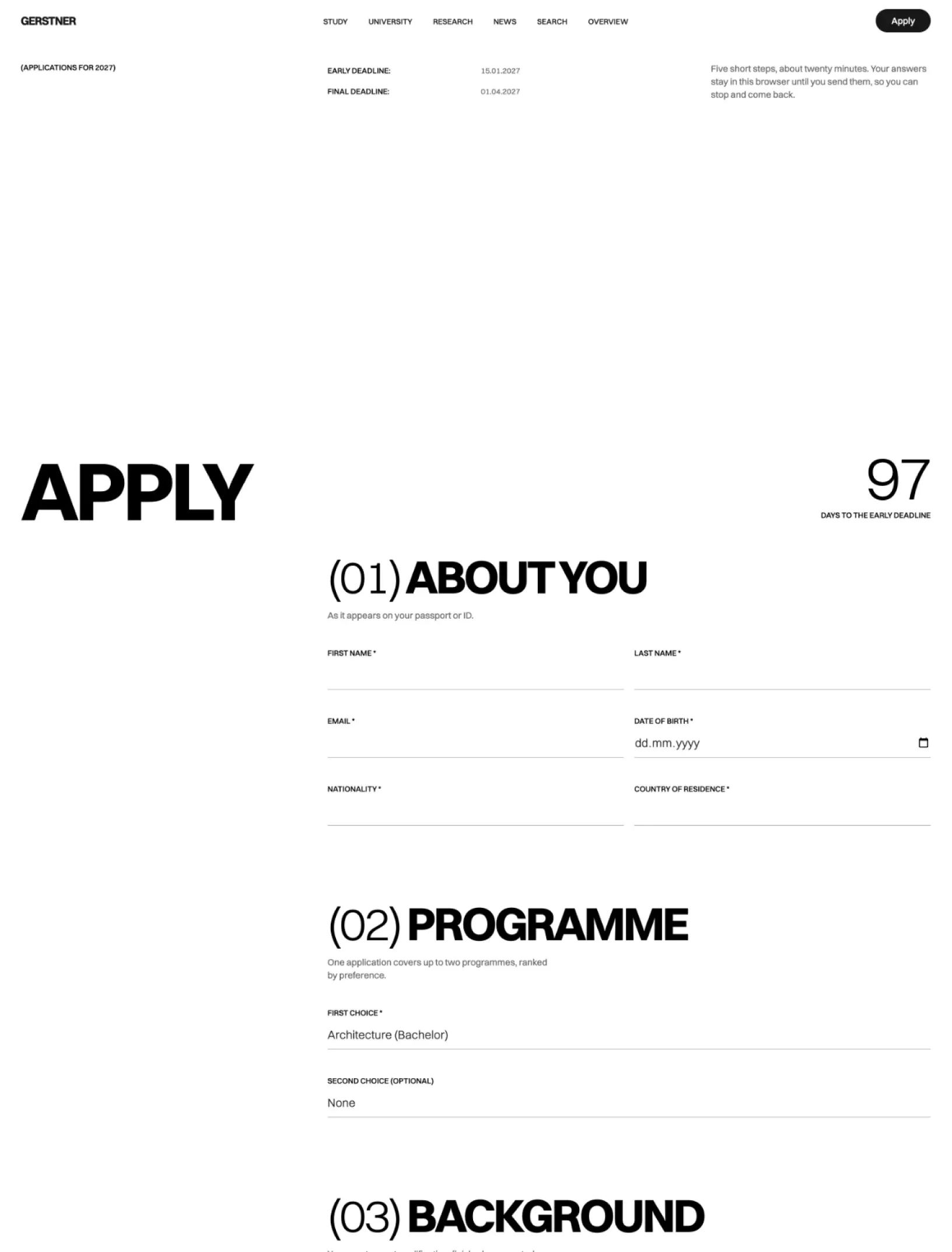 Gerstner application form with deadlines, a countdown to the early deadline and numbered steps