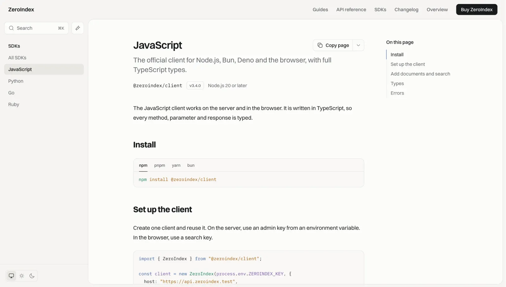 ZeroIndex JavaScript SDK page with the package, version and Node.js requirement under the title, an install code group and the client setup