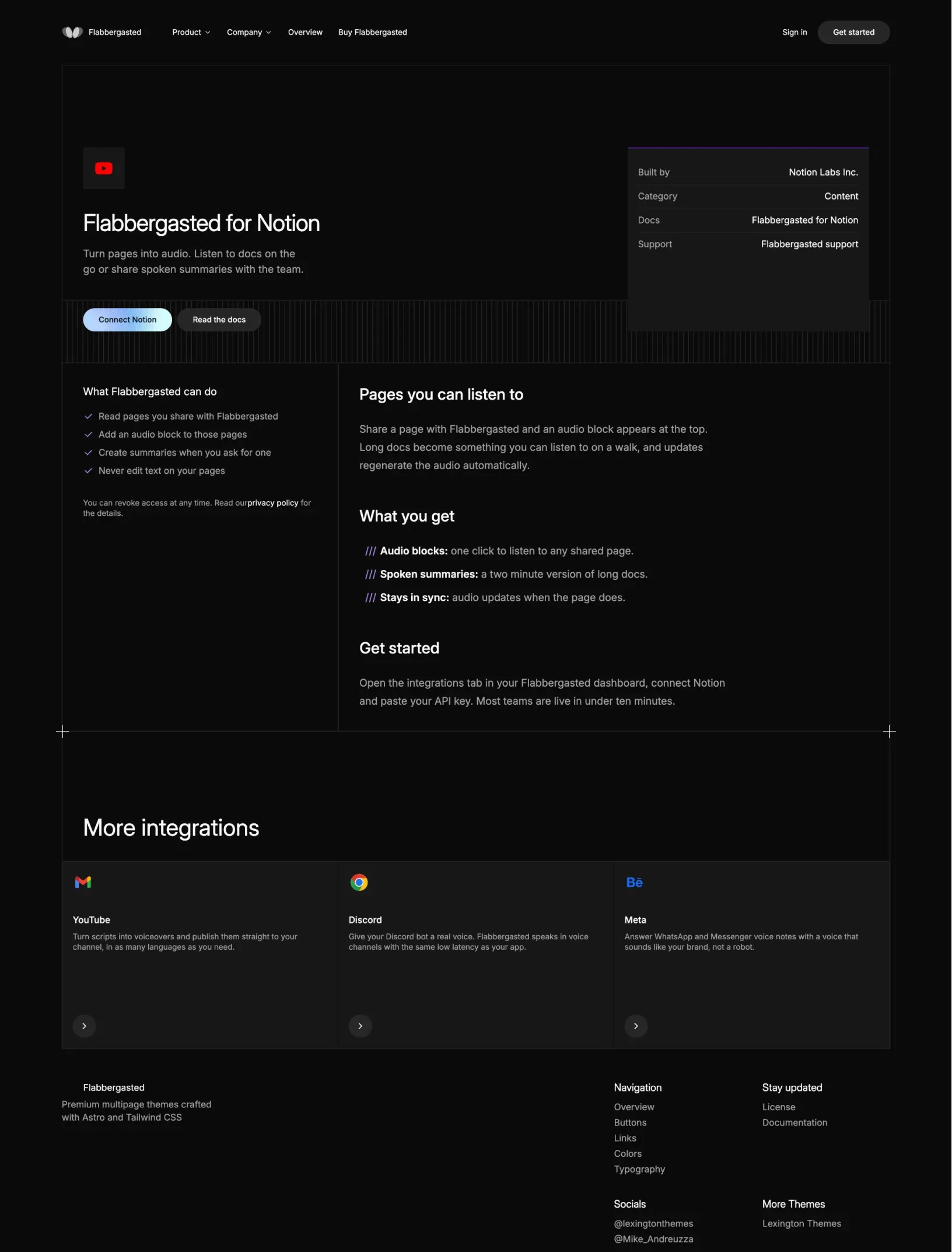 Flabbergasted integration page for Notion with its details card, what Flabbergasted can do in the sidebar, the setup text and more integrations