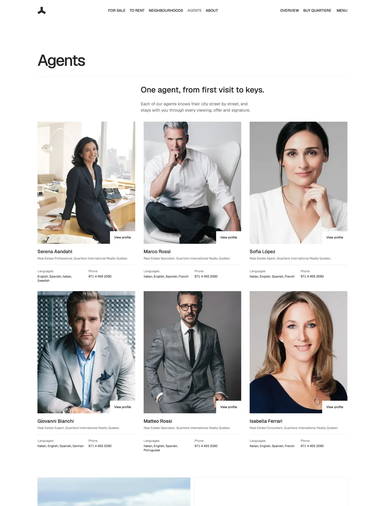 Quartiere agents page with One agent, from first visit to keys and six portrait cards with role, languages and phone