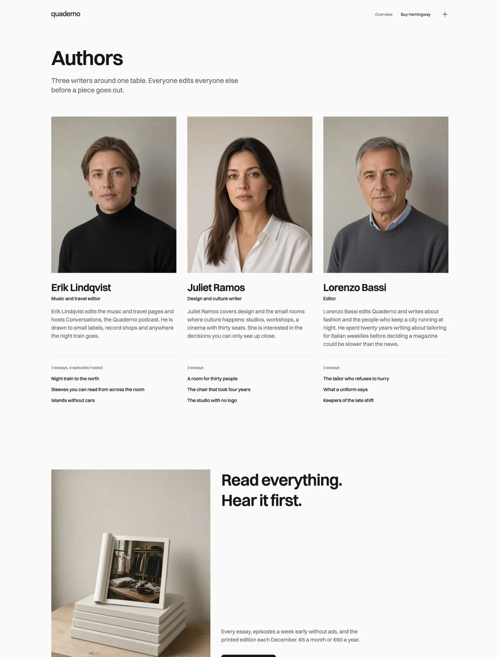 Hemingway authors page with three writers side by side, each with a portrait, name, role, bio and latest essays, above the footer membership call