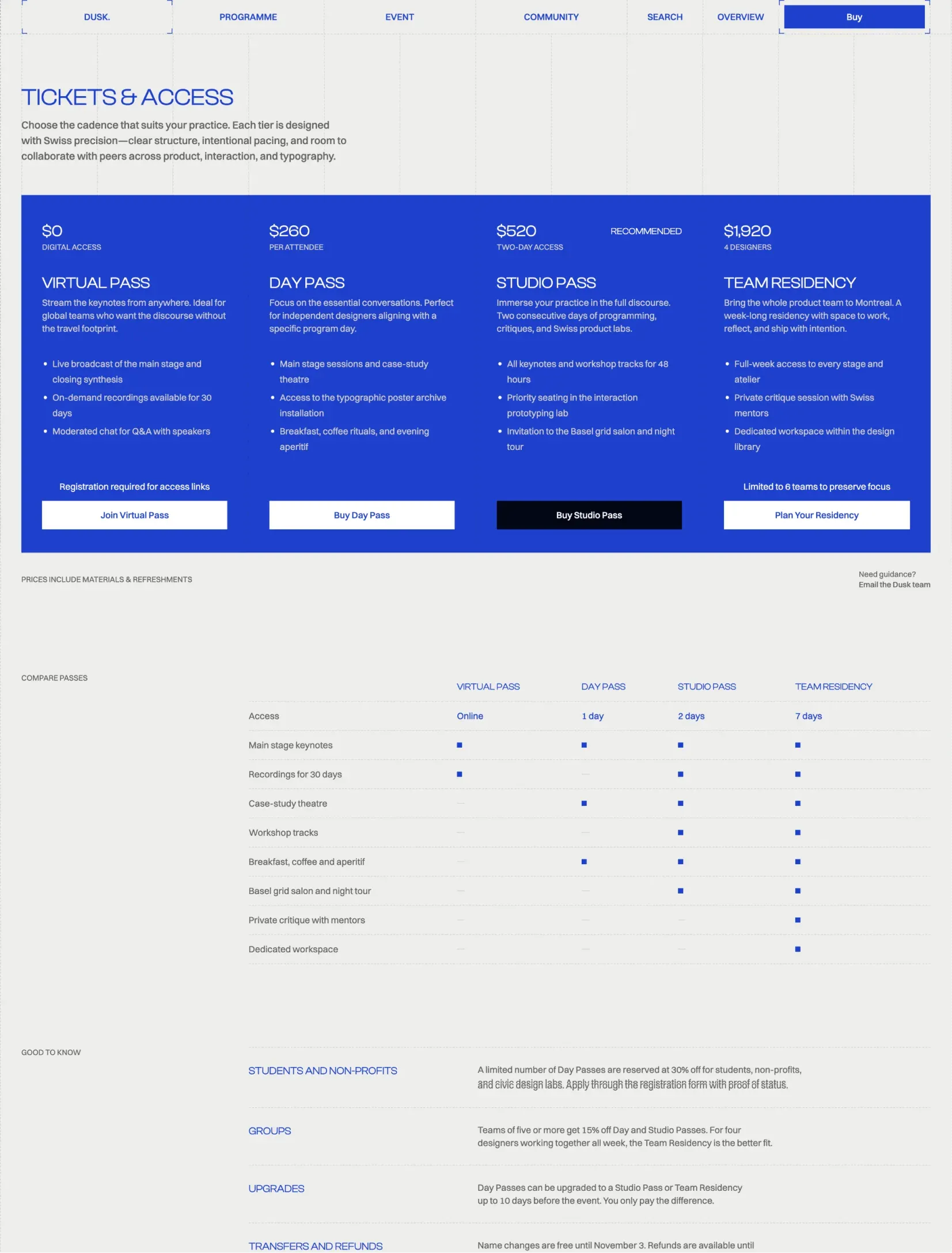 Dusk tickets page with four passes from free virtual access to a team residency, a table comparing every pass and good to know details