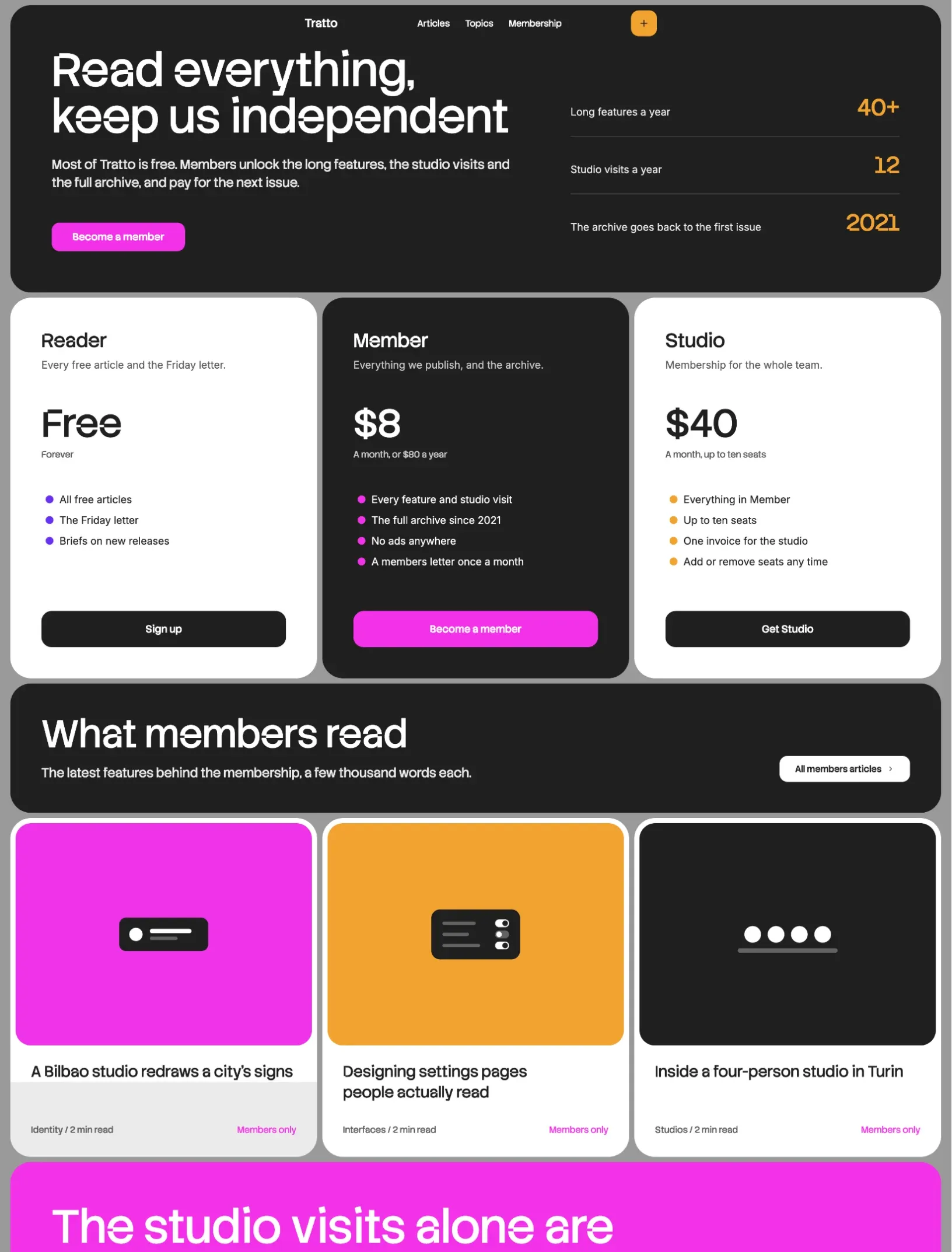 Snowpeak membership page with plan highlights, three pricing cards and the latest members-only articles