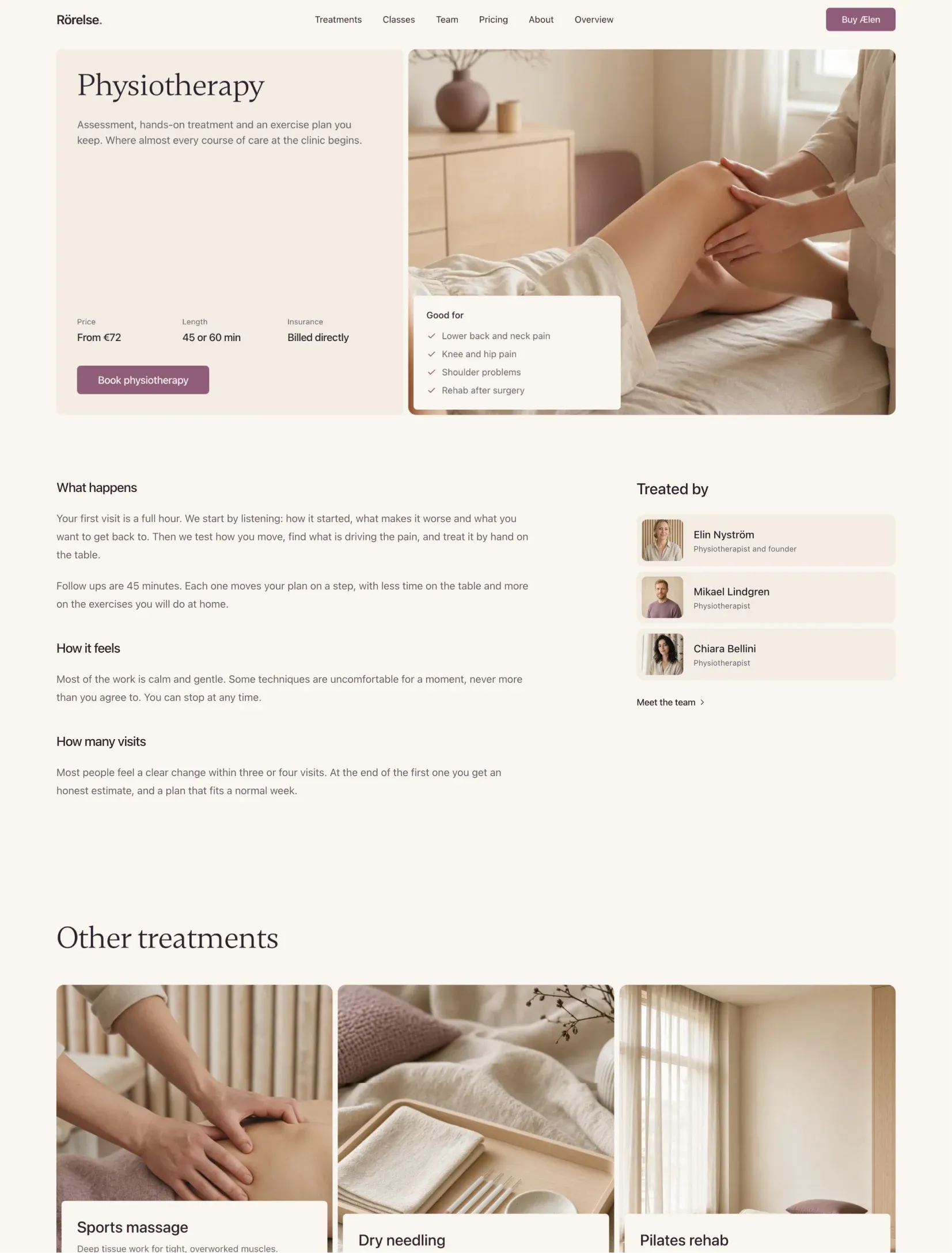 Ælen treatment page for physiotherapy with price, length and insurance, a Good for card pinned to the photo, the details, who treats it and other treatments