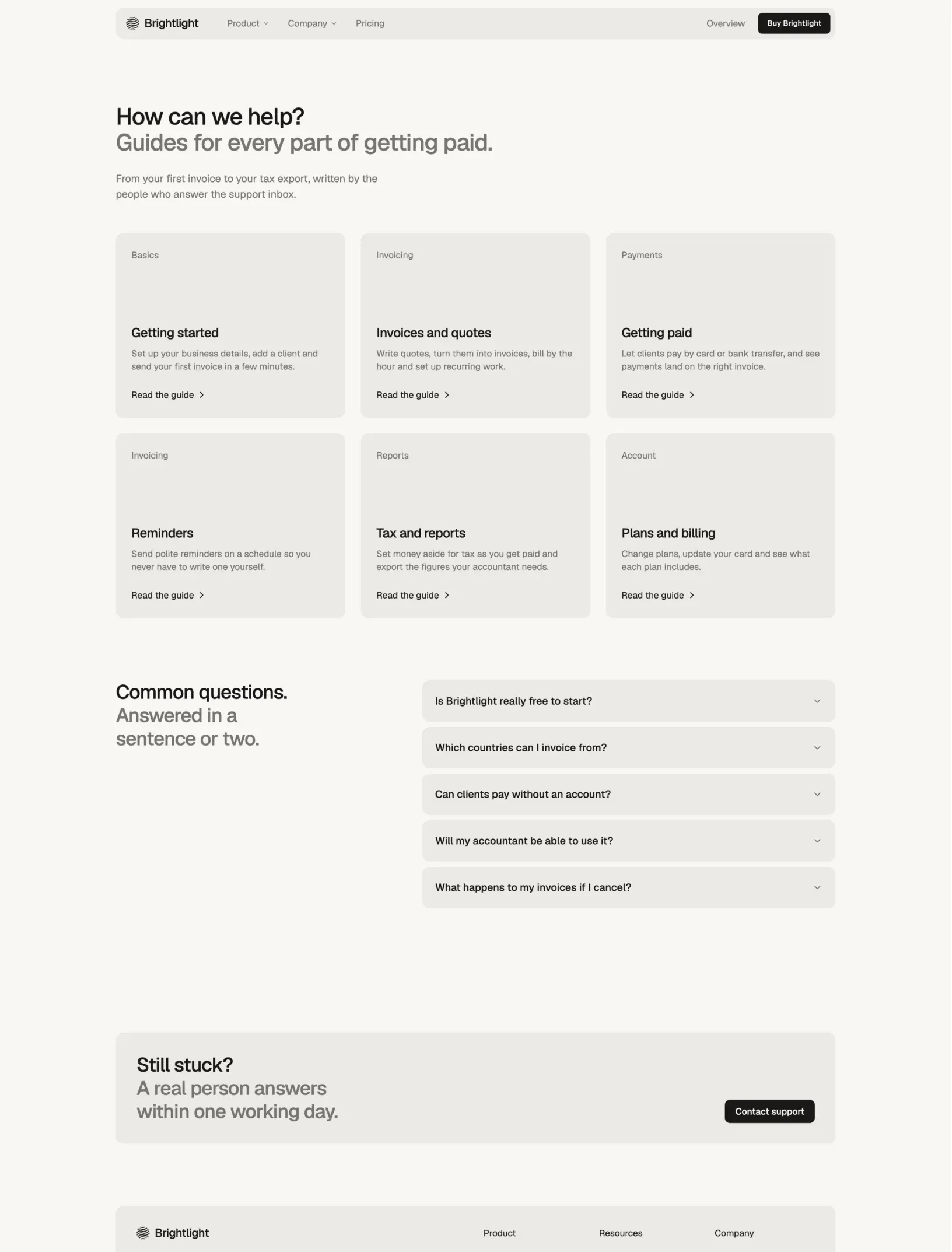 Brightlight help center with six guide cards, common questions and a contact panel