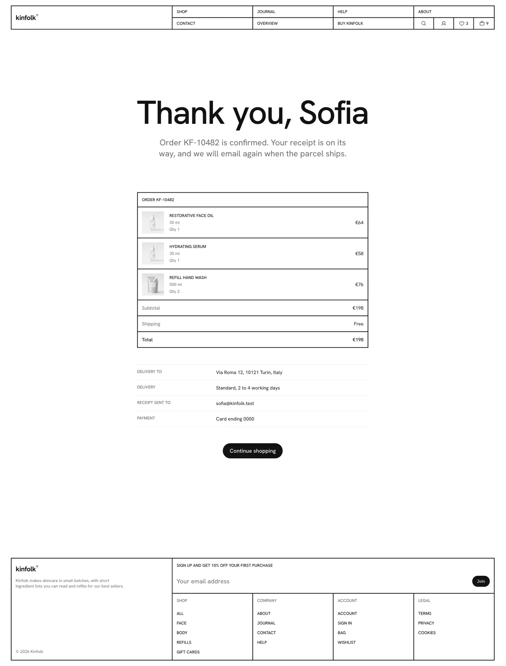 Kinfolk order confirmation with Thank you, Sofia, the order box with products and totals, delivery and payment rows and a Continue shopping button
