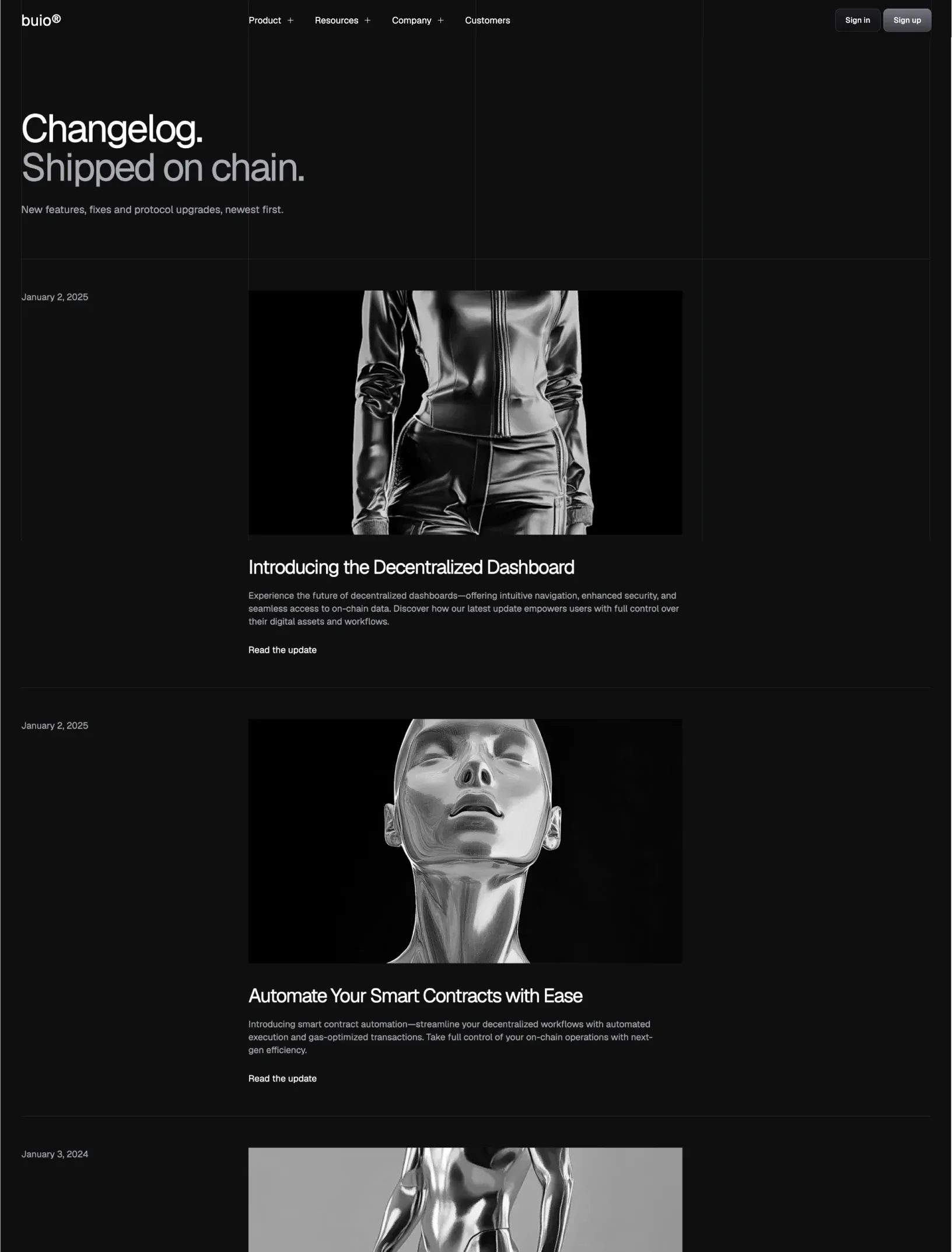 Buio changelog with each release dated in the first column beside a grayscale image, its title and a link to the update