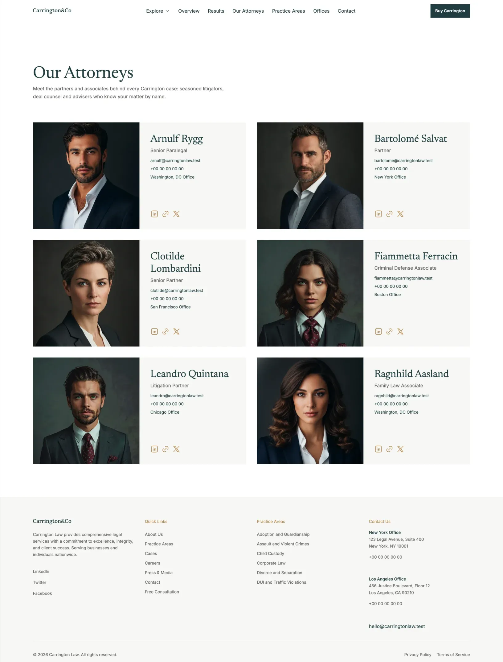 Carrington attorneys index with portrait cards, roles and contact details