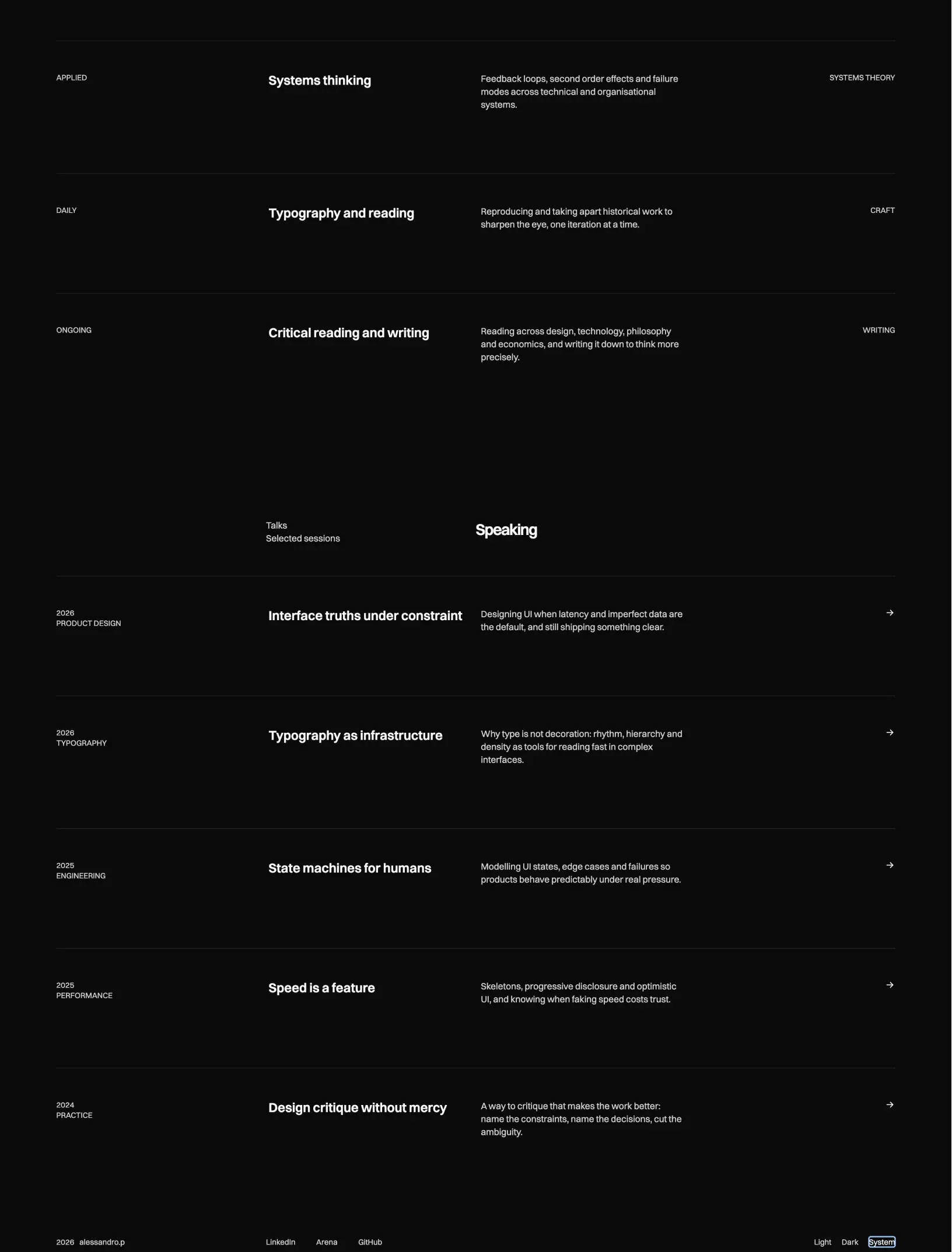Prima Persona speaking in dark mode with five talks by year and topic, and the footer with social links and the Light, Dark and System toggle