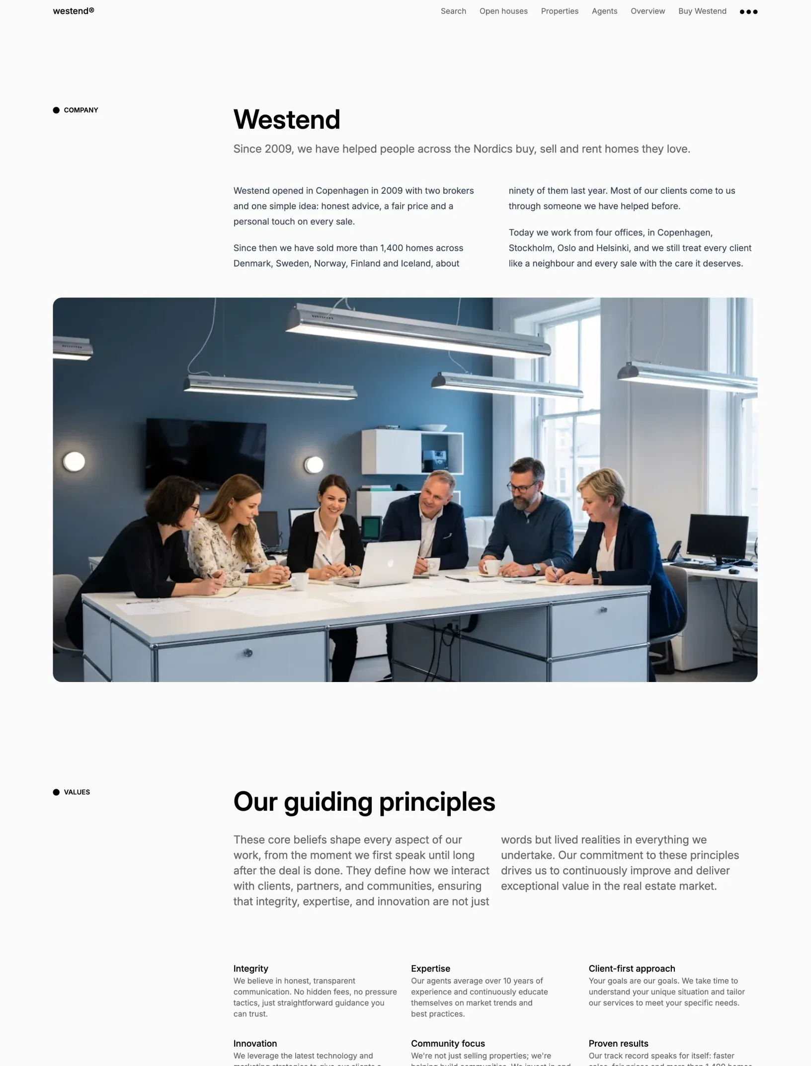 Westend company page with the brokerage story, an office team photo and guiding principles