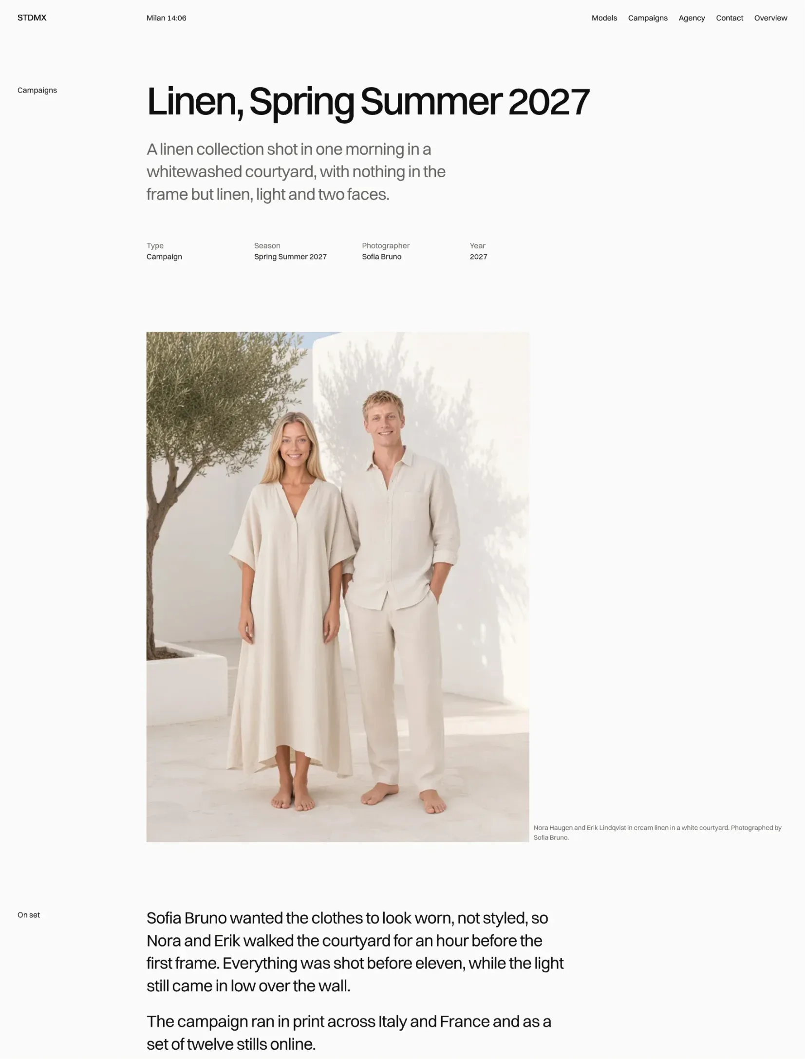 Studiomax campaign page for Linen Spring Summer 2027 with the type, season, photographer, the cover and notes from the set