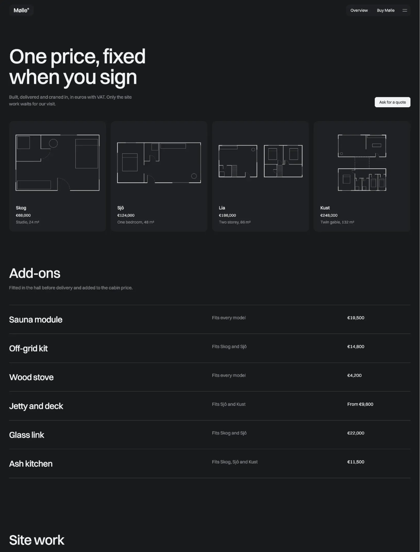Mølle pricing page with four dark cards showing each model's floor plan and price, above a list of add-on prices