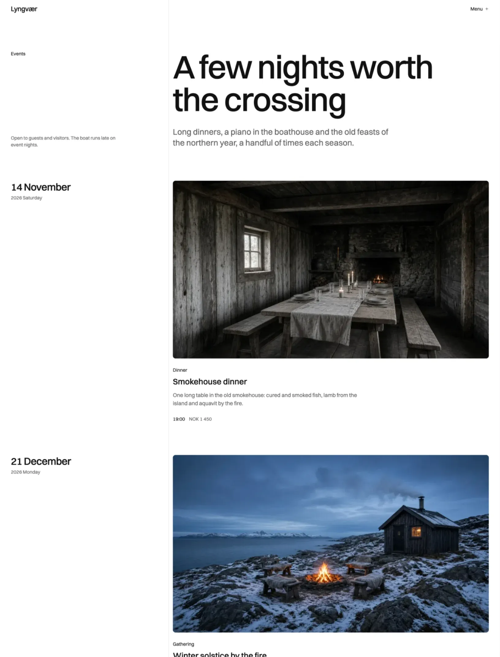 Author events page with dated rows for a smokehouse dinner and a winter solstice fire, each with a large photo, time and price