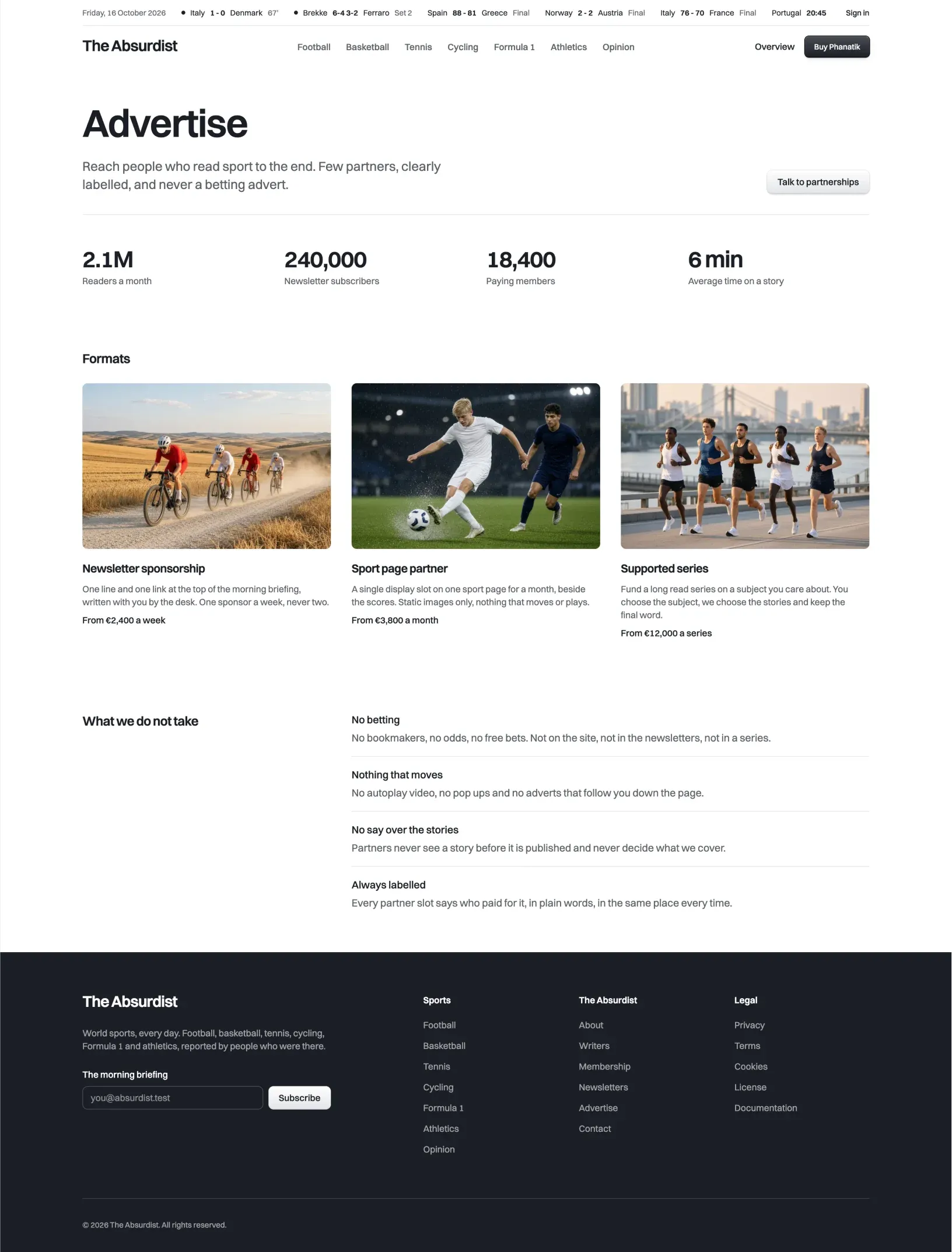 Phanatik advertise page with a heading and a muted contact button, four audience numbers, three ad formats with photos and prices, and the list of adverts the site does not take