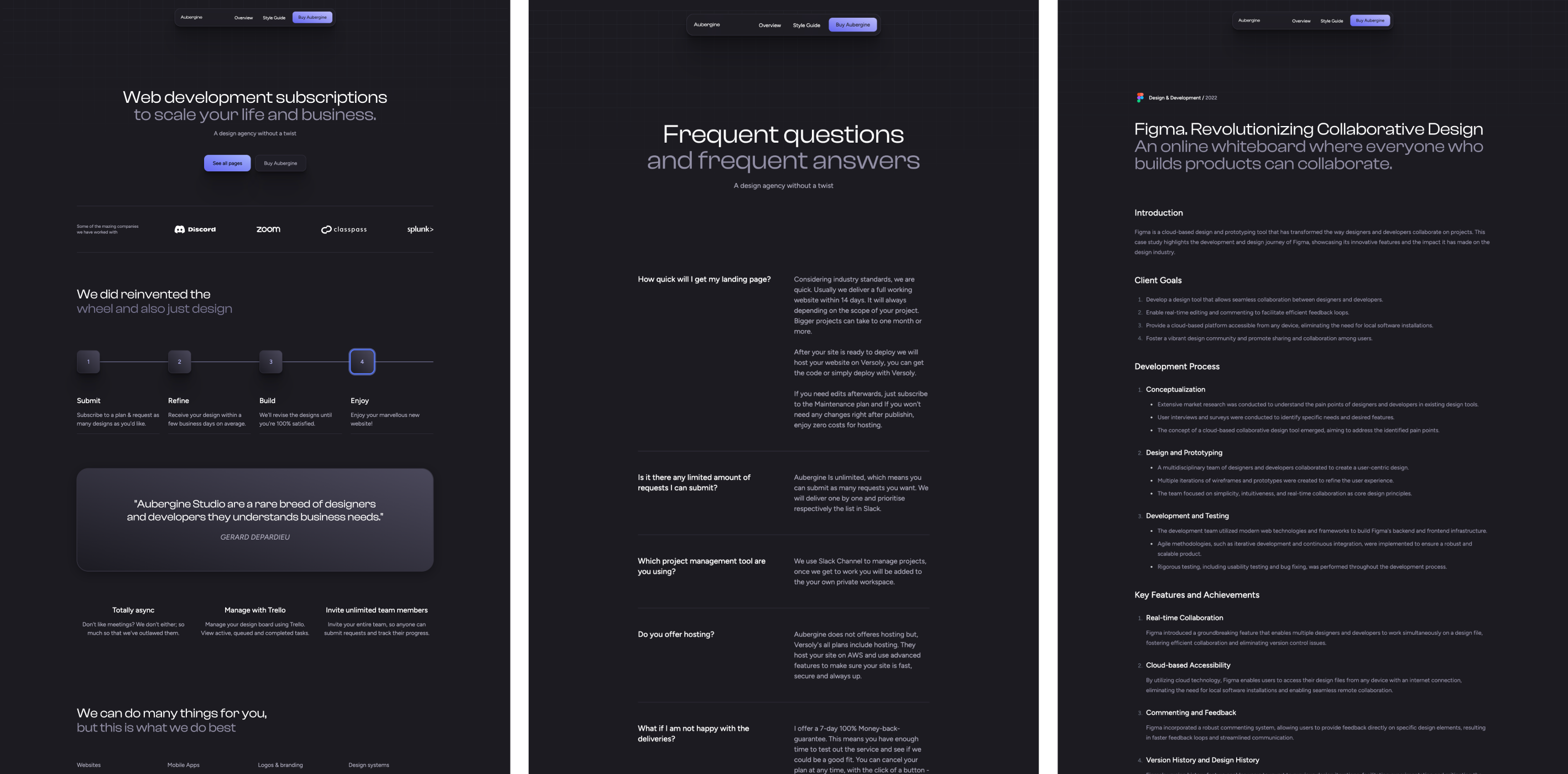 Aubergine theme featuring a FAQ section and project details with a sophisticated dark design and purple highlights. The page includes a variety of text-heavy content areas for explaining services, outlining processes, and showcasing testimonials, all designed to provide comprehensive information to users.