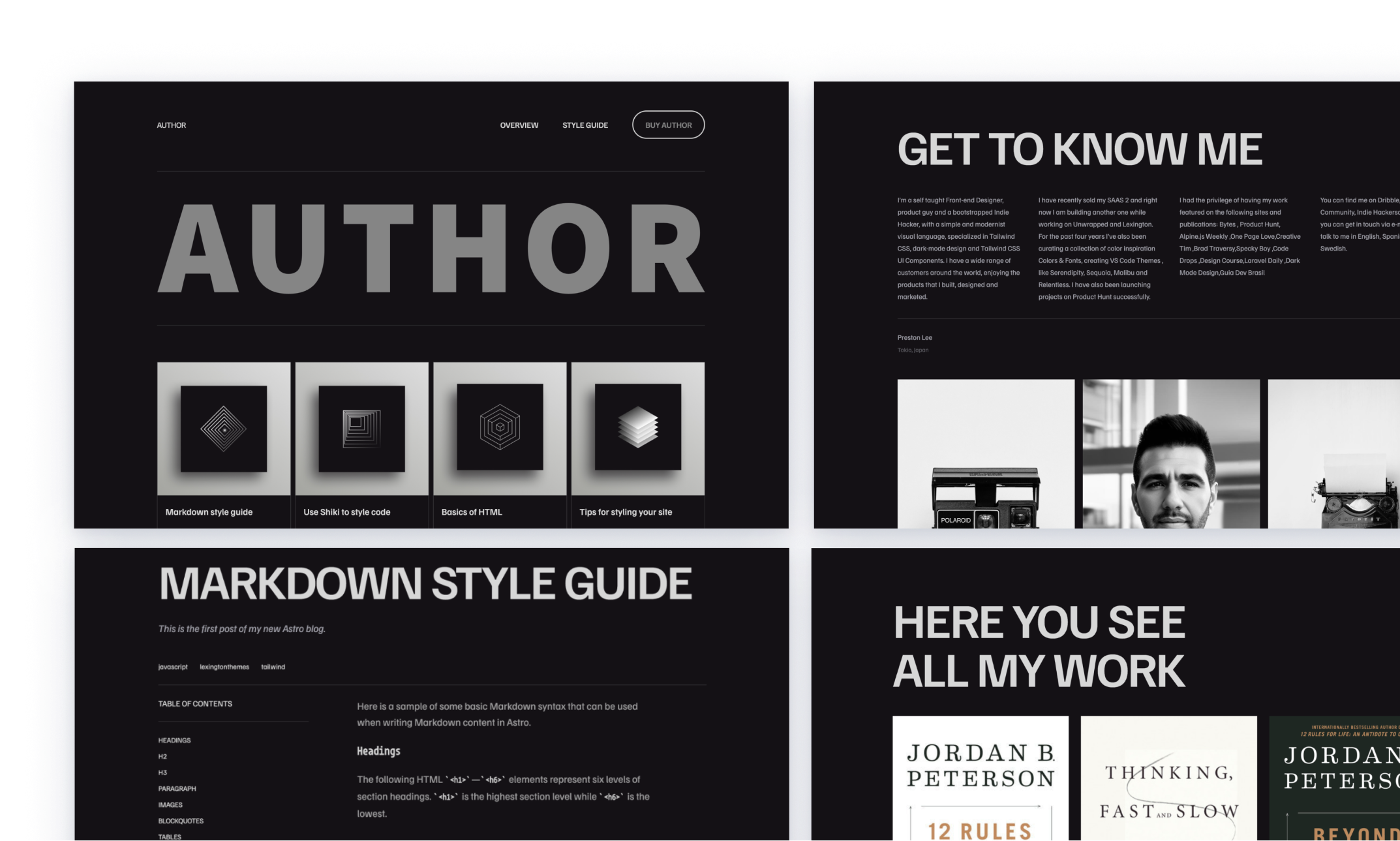 Author theme for blogging with a dark mode design, featuring markdown style guide, coding articles, and a 'Know Me' section with personal photos. The layout includes a grid of article previews with monochrome images and a call to action to join the mailing list.