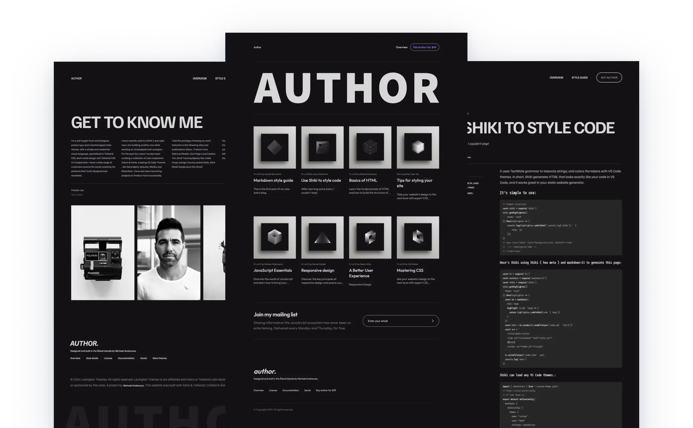 Author theme for blogging with a dark mode design, featuring markdown style guide, coding articles, and a 'Know Me' section with personal photos. The layout includes a grid of article previews with monochrome images and a call to action to join the mailing list.