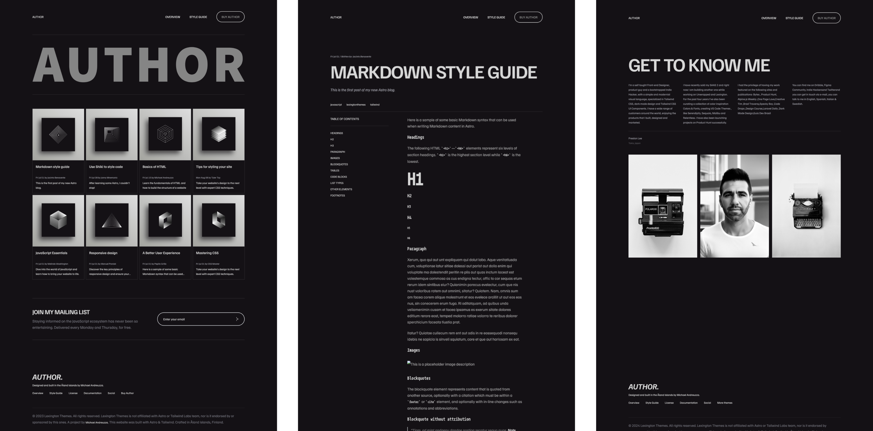 Author theme for blogging with a dark mode design, featuring markdown style guide, coding articles, and a 'Know Me' section with personal photos. The layout includes a grid of article previews with monochrome images and a call to action to join the mailing list.