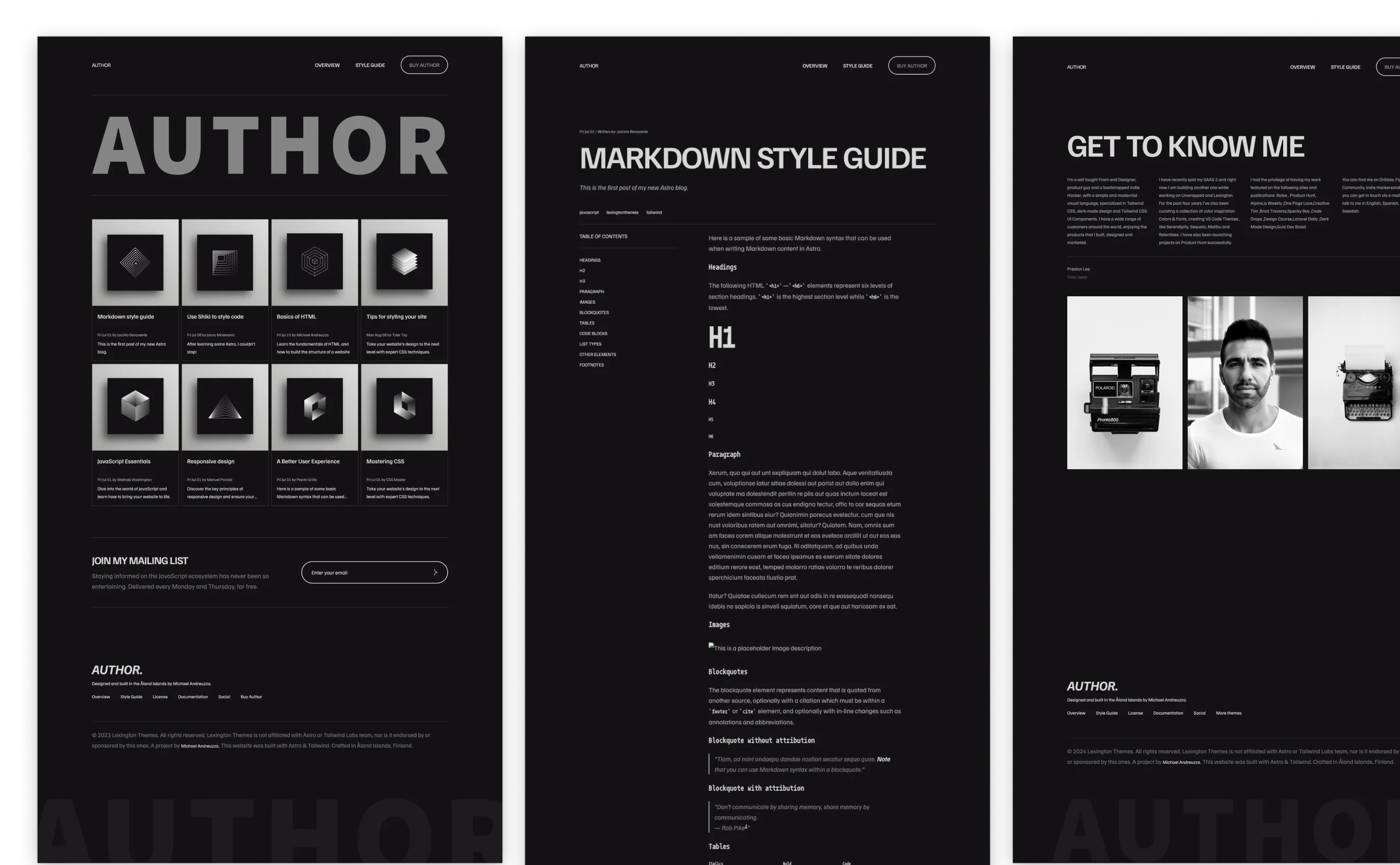 Author theme for blogging with a dark mode design, featuring markdown style guide, coding articles, and a 'Know Me' section with personal photos. The layout includes a grid of article previews with monochrome images and a call to action to join the mailing list.