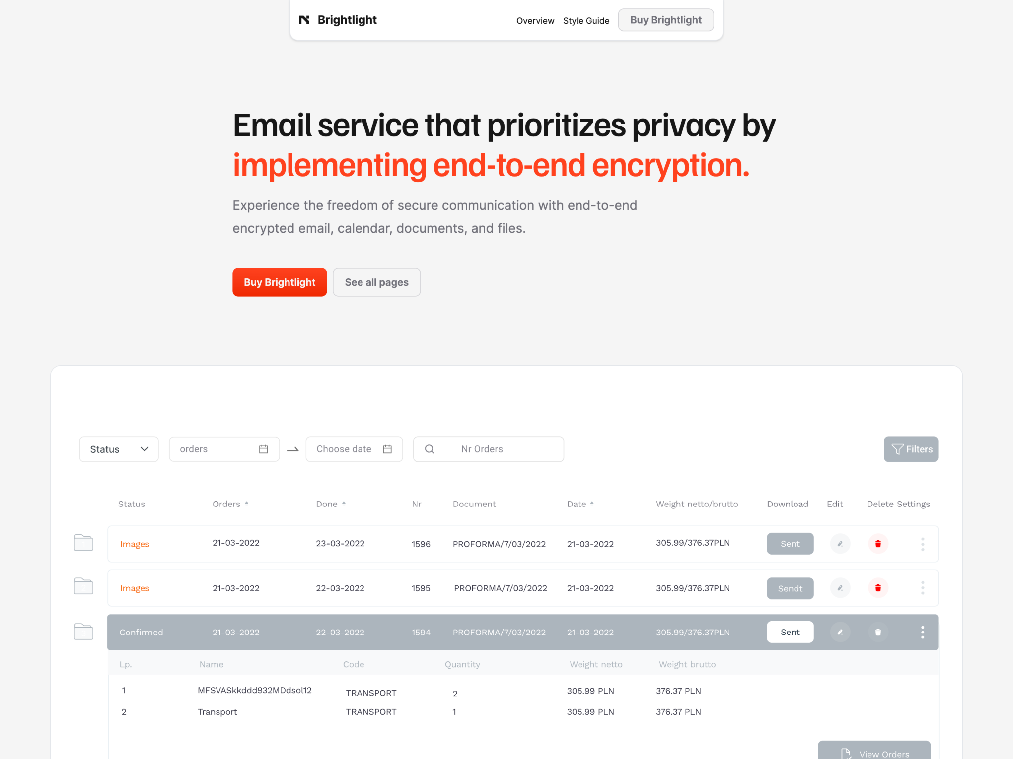 Brightlight email service theme highlighting privacy and end-to-end encryption, with a clean and organized white layout. The interface showcases various features like secure payment processing, easy registration, and customizable settings, alongside mobile app screenshots demonstrating the service's user-friendly design.