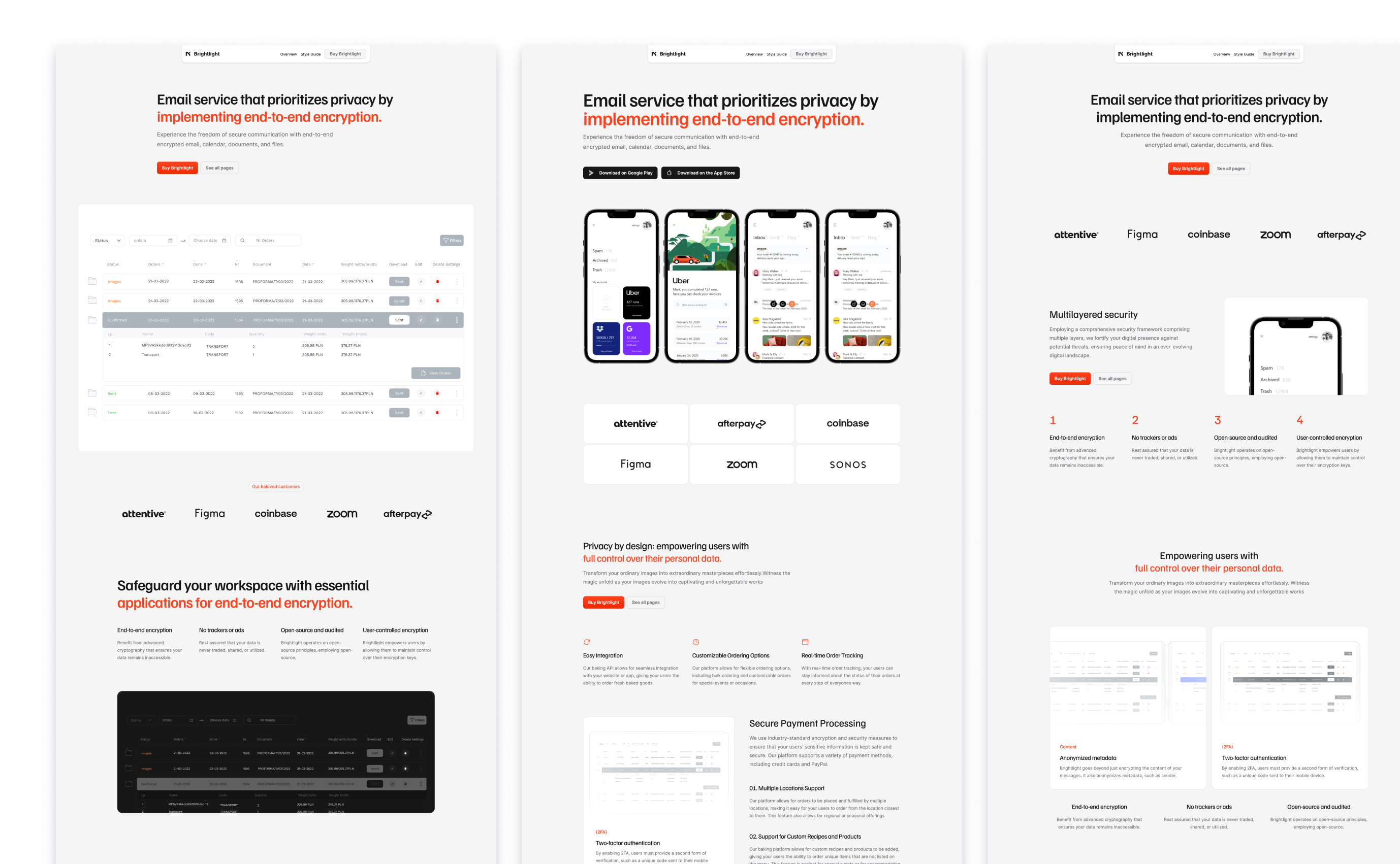 Brightlight email service theme highlighting privacy and end-to-end encryption, with a clean and organized white layout. The interface showcases various features like secure payment processing, easy registration, and customizable settings, alongside mobile app screenshots demonstrating the service's user-friendly design.