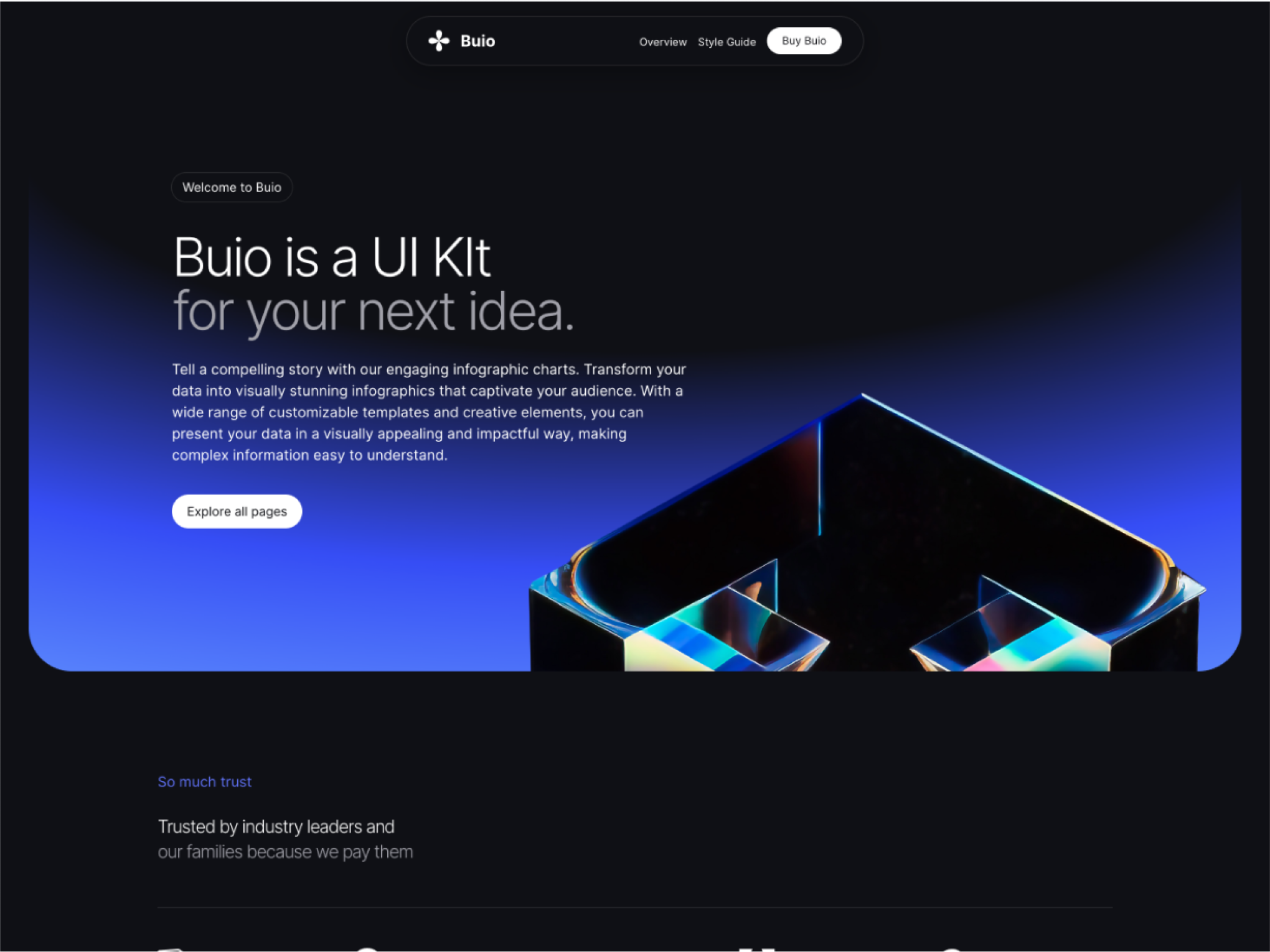 Buio theme display, featuring a sleek dark mode interface with blue accent colors. The theme highlights dynamic, interactive charts, live data insights, and advanced charting tools for data analysis. Logos of trusted companies like Notion, GitHub, and Adobe showcase industry endorsement.