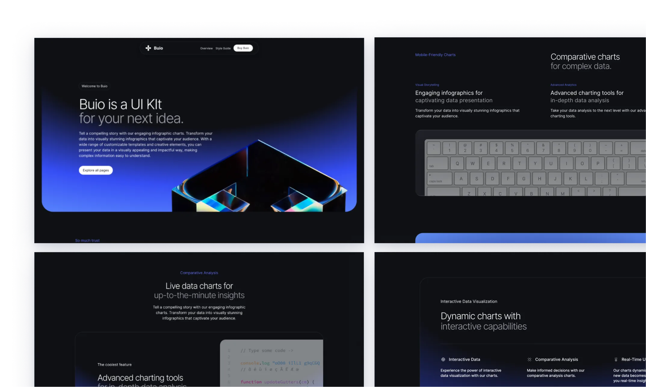 Buio theme display, featuring a sleek dark mode interface with blue accent colors. The theme highlights dynamic, interactive charts, live data insights, and advanced charting tools for data analysis. Logos of trusted companies like Notion, GitHub, and Adobe showcase industry endorsement.