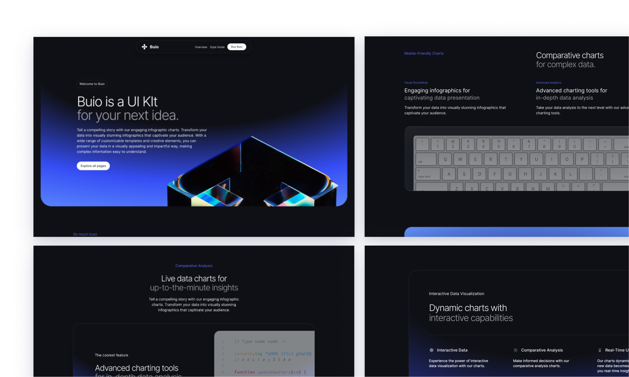 Buio theme display, featuring a sleek dark mode interface with blue accent colors. The theme highlights dynamic, interactive charts, live data insights, and advanced charting tools for data analysis. Logos of trusted companies like Notion, GitHub, and Adobe showcase industry endorsement.