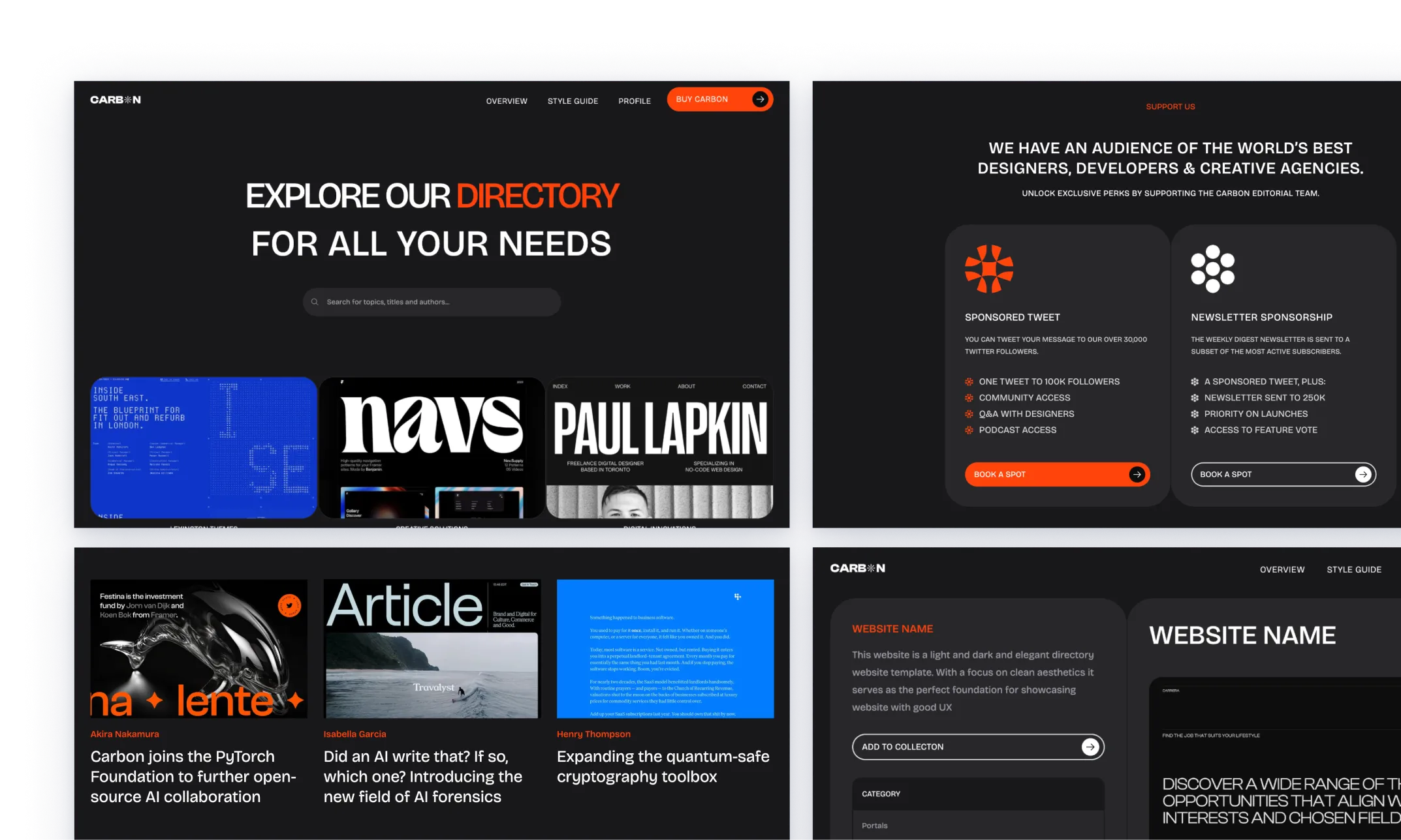 Carbon theme with a dynamic, grid-based directory layout, featuring bright orange accents over a dark background. The design includes a variety of cards for different categories such as design leadership, podcasts, and educational resources, aimed at designers, developers, and creative agencies.