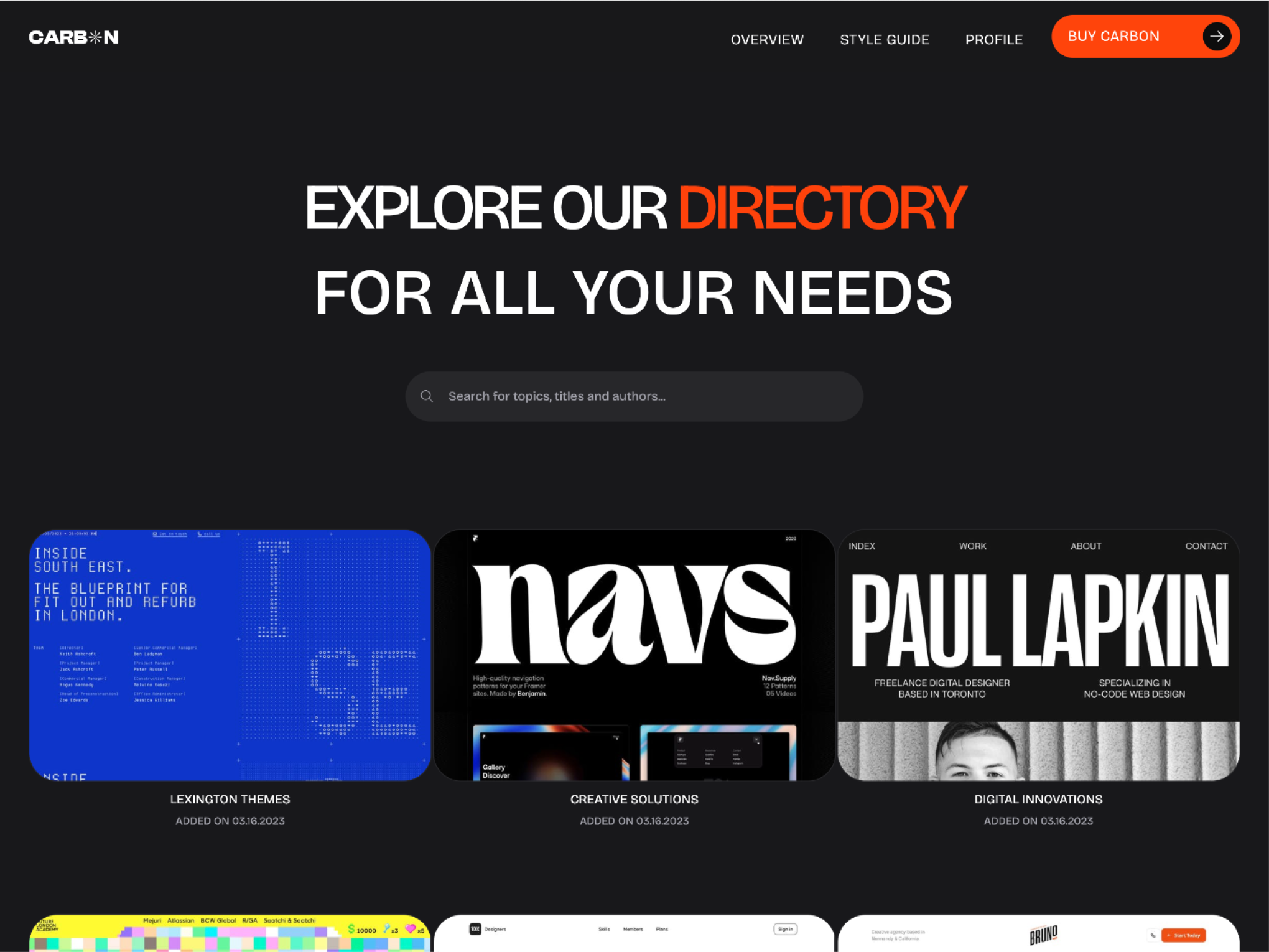 Carbon theme with a dynamic, grid-based directory layout, featuring bright orange accents over a dark background. The design includes a variety of cards for different categories such as design leadership, podcasts, and educational resources, aimed at designers, developers, and creative agencies.