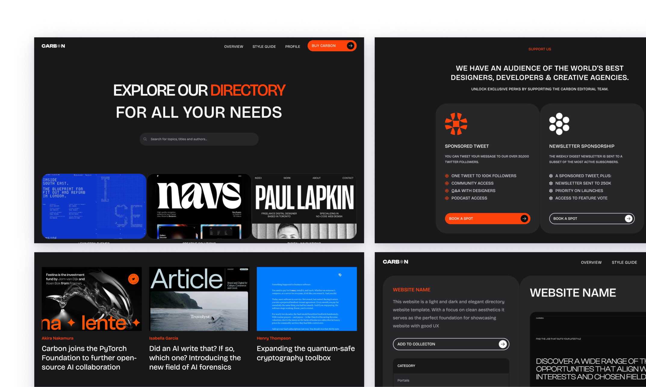 Carbon theme with a dynamic, grid-based directory layout, featuring bright orange accents over a dark background. The design includes a variety of cards for different categories such as design leadership, podcasts, and educational resources, aimed at designers, developers, and creative agencies.