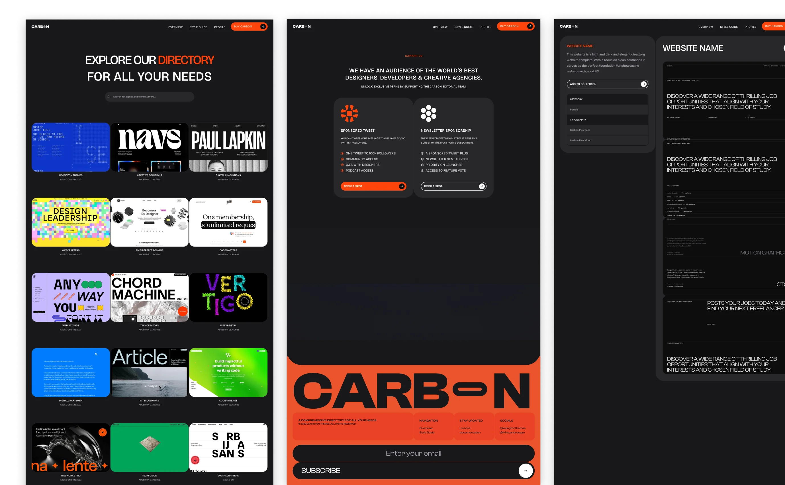 Carbon theme with a dynamic, grid-based directory layout, featuring bright orange accents over a dark background. The design includes a variety of cards for different categories such as design leadership, podcasts, and educational resources, aimed at designers, developers, and creative agencies.