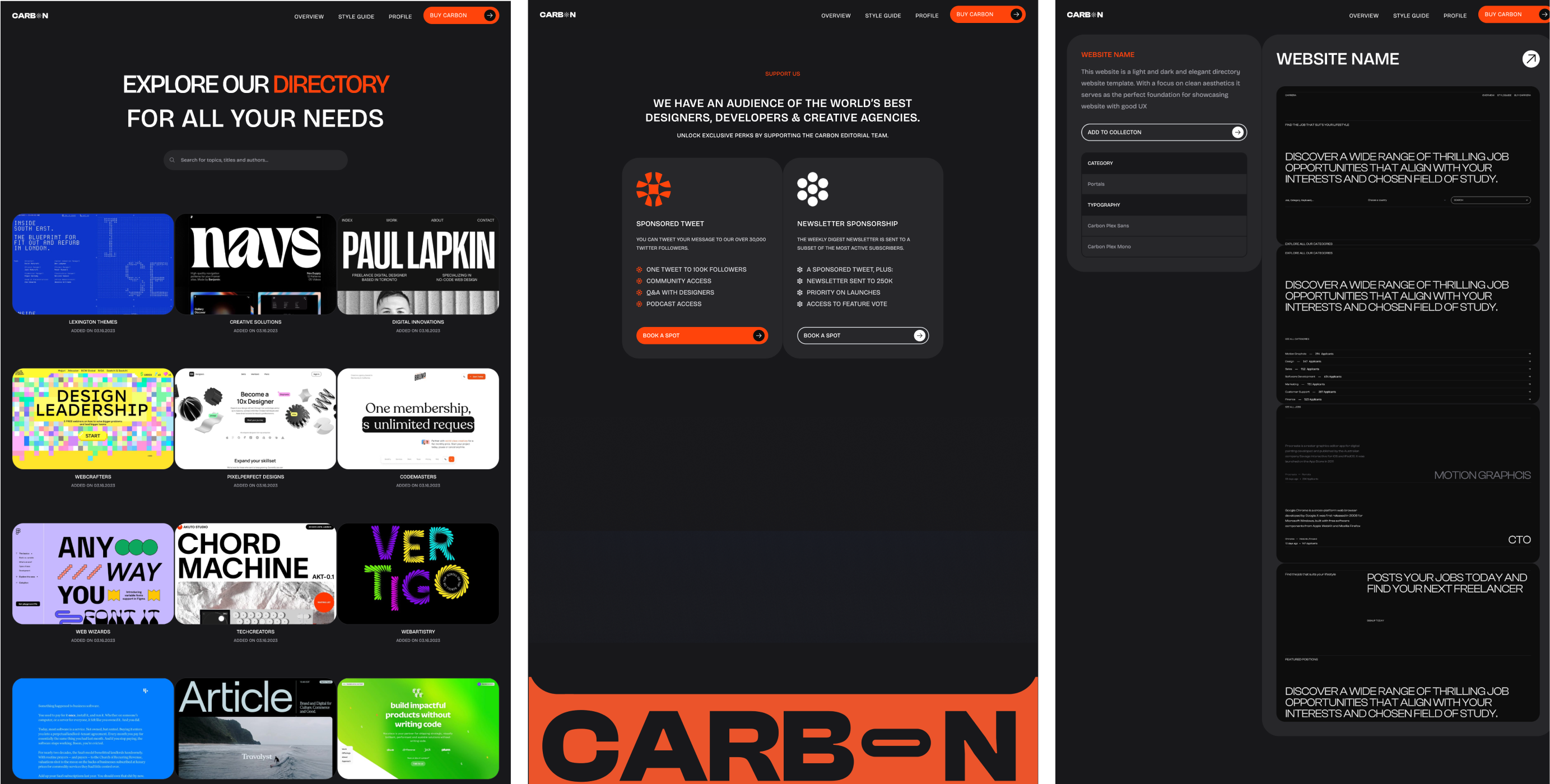 Carbon theme with a dynamic, grid-based directory layout, featuring bright orange accents over a dark background. The design includes a variety of cards for different categories such as design leadership, podcasts, and educational resources, aimed at designers, developers, and creative agencies.