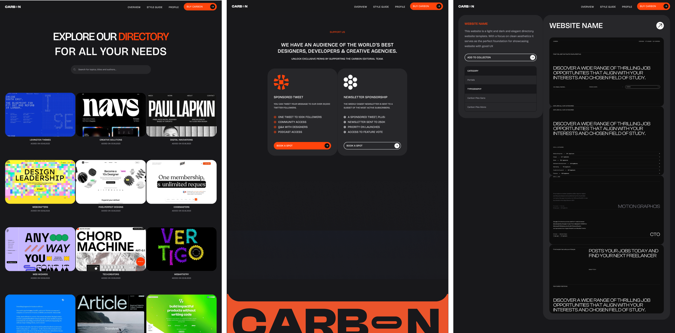 Carbon theme with a dynamic, grid-based directory layout, featuring bright orange accents over a dark background. The design includes a variety of cards for different categories such as design leadership, podcasts, and educational resources, aimed at designers, developers, and creative agencies.