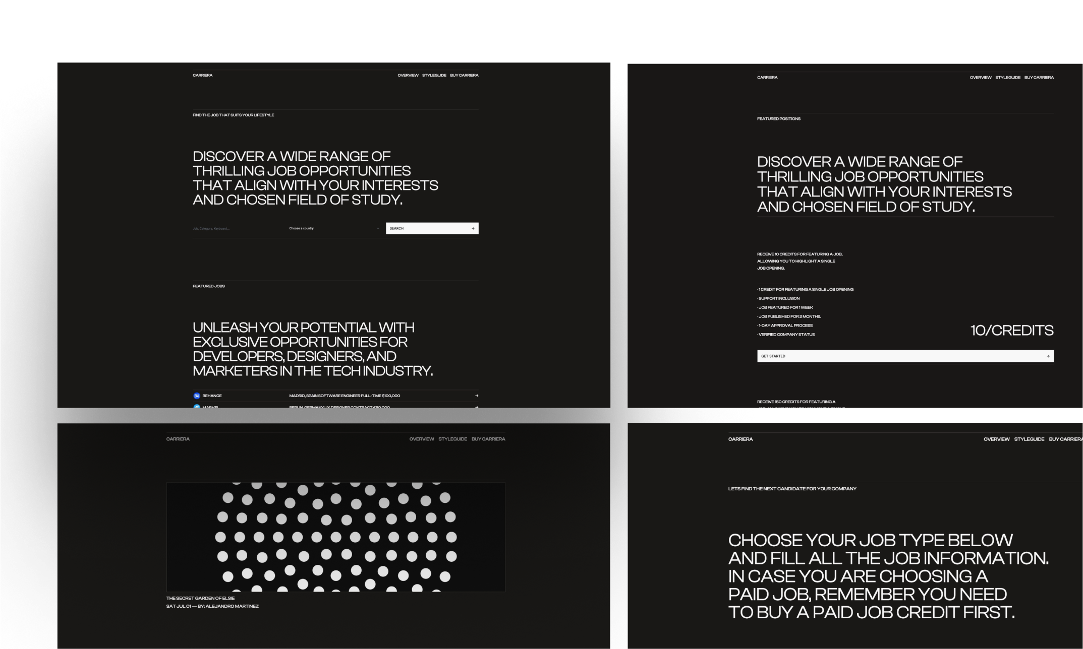 Carriera theme providing a job listing interface, with a dark background and highlighted text emphasizing various job categories such as Motion Graphics, CTO, Designer, and UI/UX Designer. The theme is designed to offer a comprehensive job search experience with clear categorization for easy navigation.