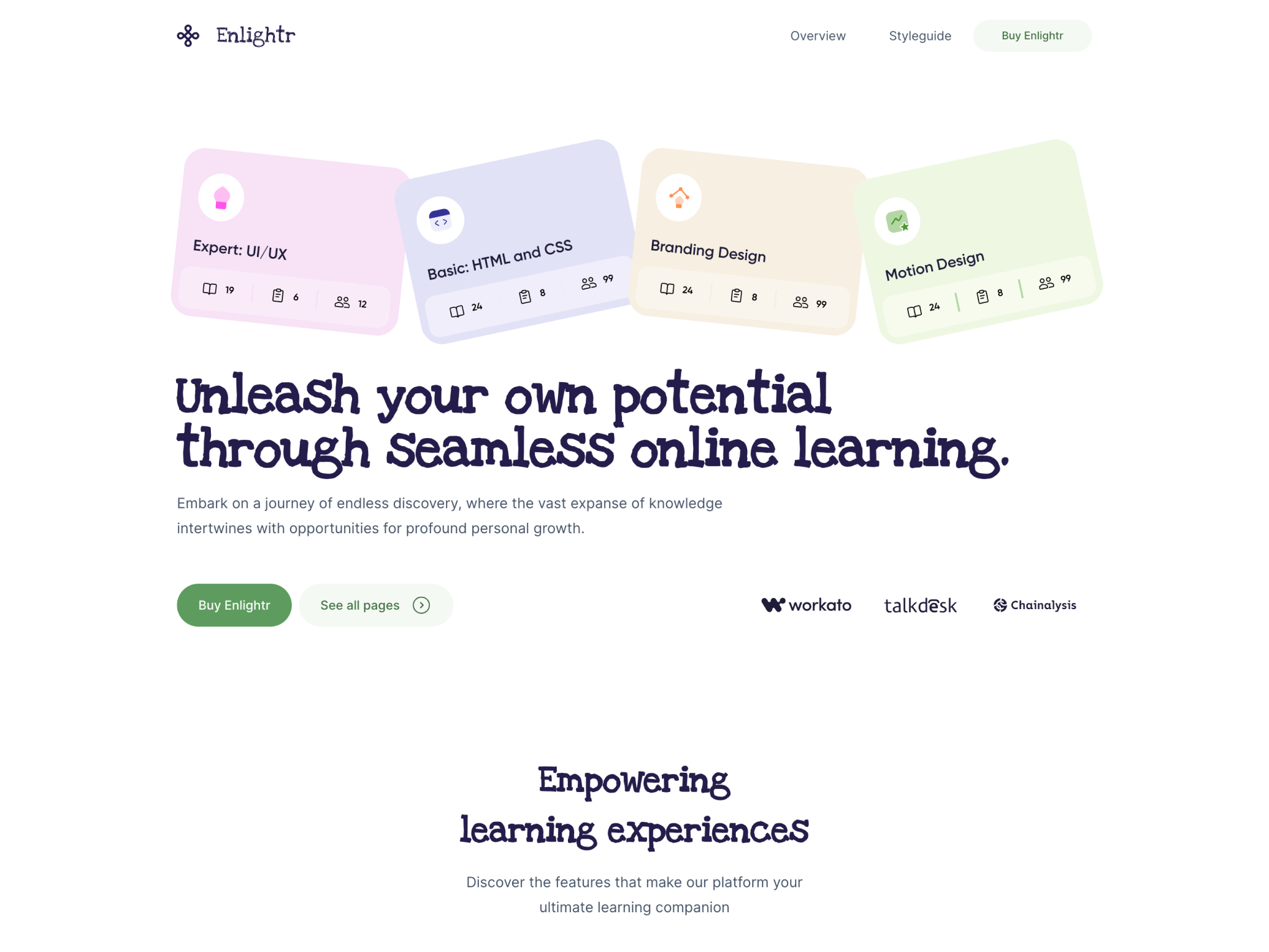 Enlightr theme for an online learning platform, featuring a light and fresh design with pastel color highlights. It displays sections for course discovery, personalized learning paths, and instructor-led classes, along with pricing cards for popular courses, aiming to create an inviting and informative user experience.