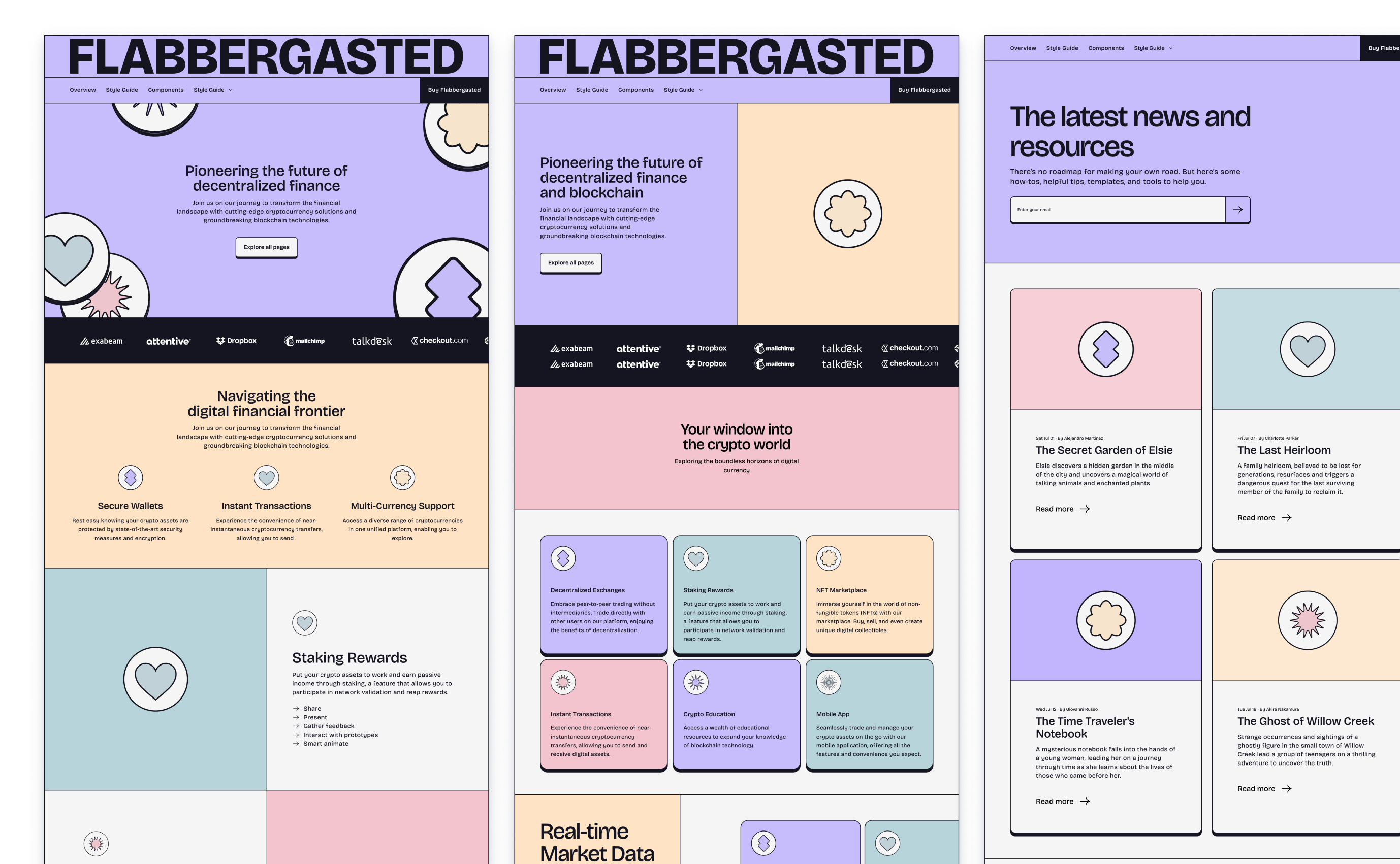 Flabbergasted theme preview with a colorful, modular design layout for a cryptocurrency platform. It features sections for the latest news, resources, secure wallets, instant transactions, multi-currency support, staking rewards, and an NFT marketplace.