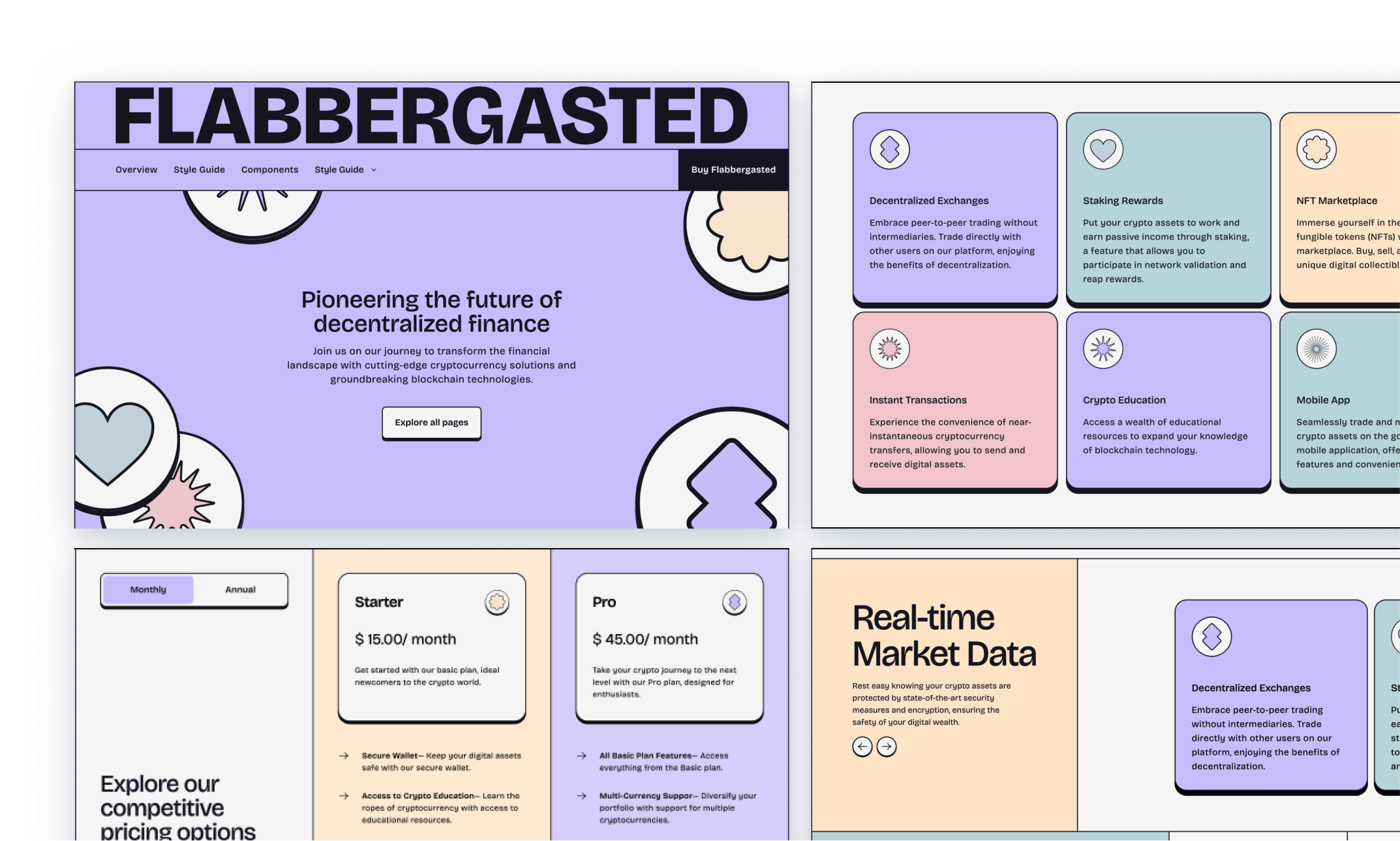 Flabbergasted theme preview with a colorful, modular design layout for a cryptocurrency platform. It features sections for the latest news, resources, secure wallets, instant transactions, multi-currency support, staking rewards, and an NFT marketplace.