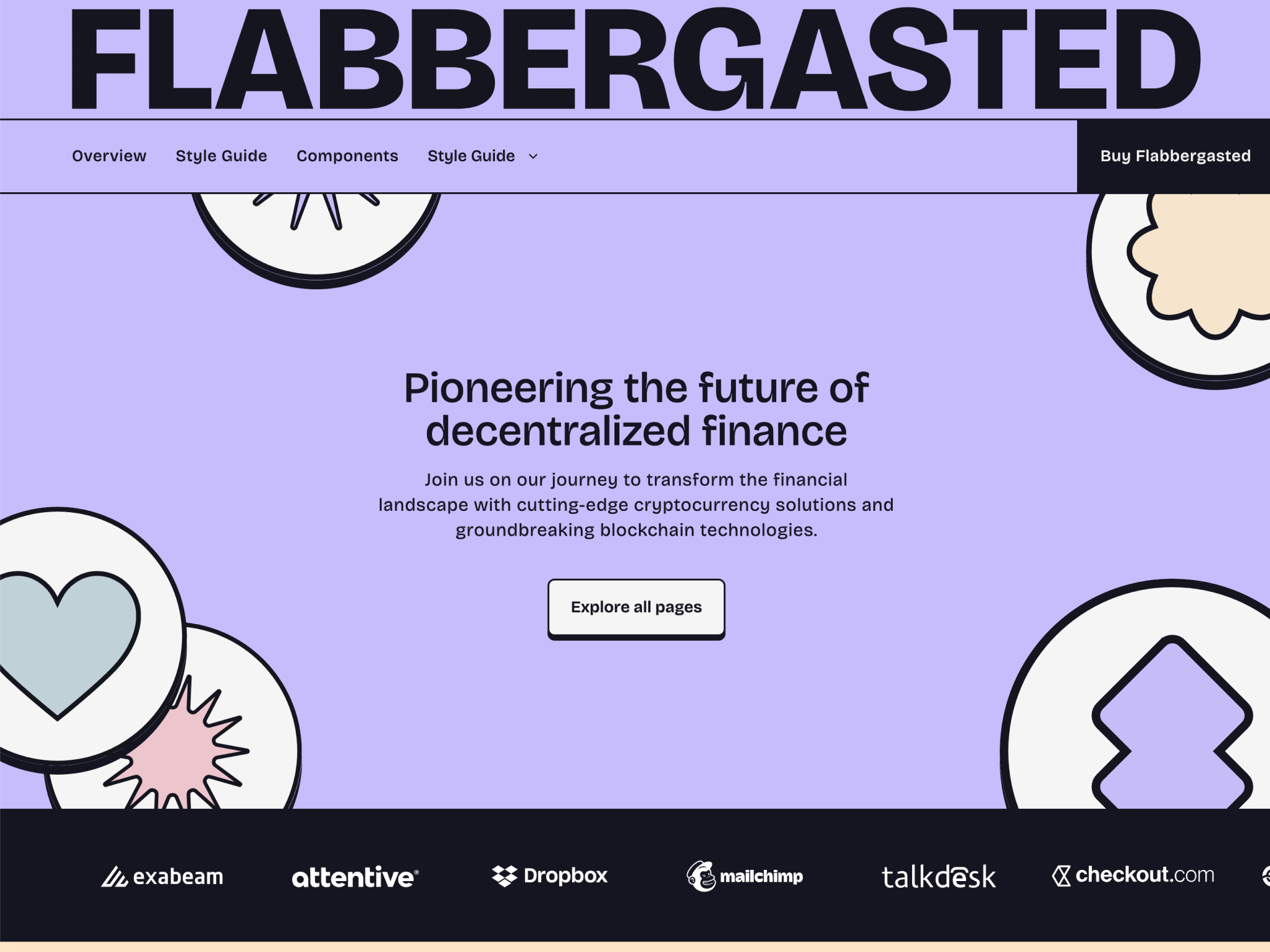 Flabbergasted theme preview with a colorful, modular design layout for a cryptocurrency platform. It features sections for the latest news, resources, secure wallets, instant transactions, multi-currency support, staking rewards, and an NFT marketplace.