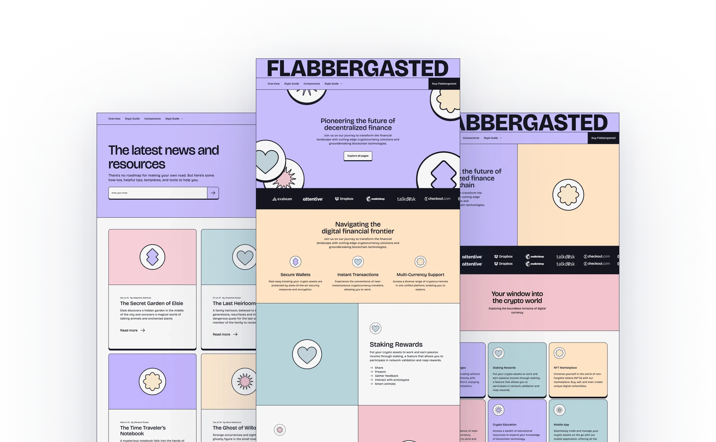 Flabbergasted theme preview with a colorful, modular design layout for a cryptocurrency platform. It features sections for the latest news, resources, secure wallets, instant transactions, multi-currency support, staking rewards, and an NFT marketplace.