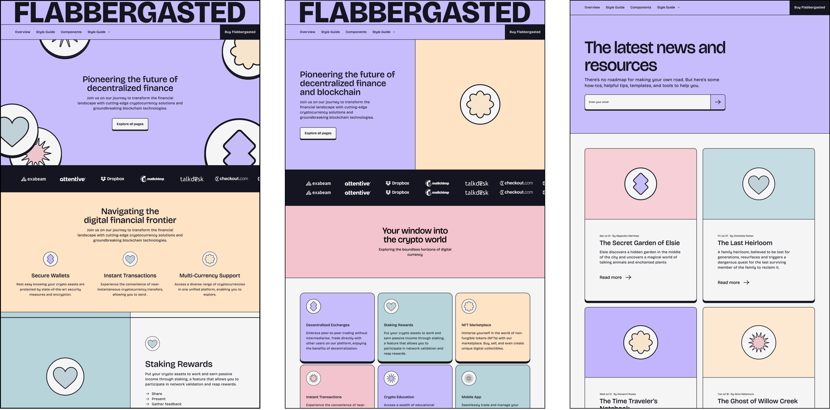 Flabbergasted theme preview with a colorful, modular design layout for a cryptocurrency platform. It features sections for the latest news, resources, secure wallets, instant transactions, multi-currency support, staking rewards, and an NFT marketplace.