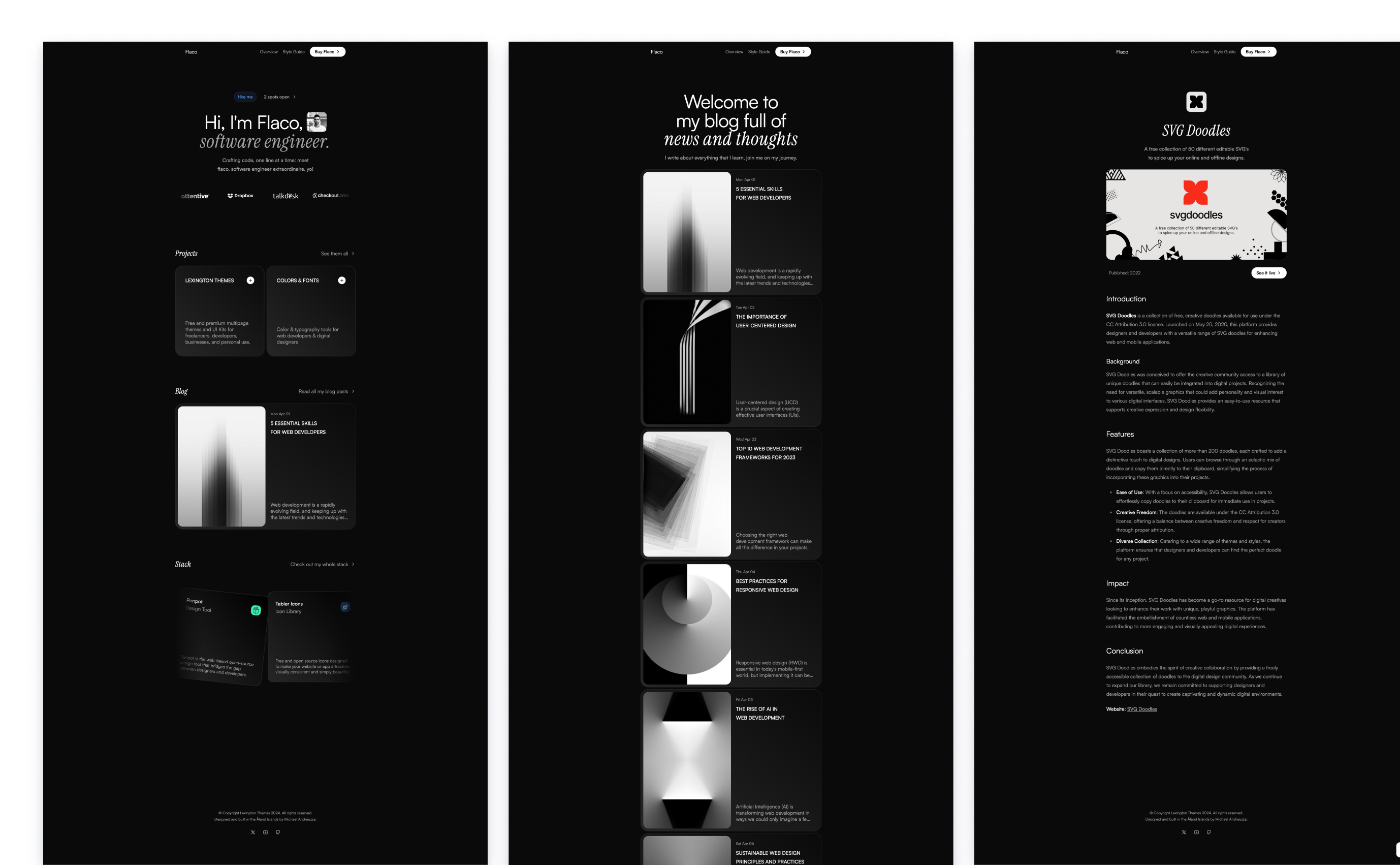 Flaco theme interface showcasing a dark design with text 'Markdown & Flaco is a Portfolio Study Mon,' a laptop on a bed, and various UI elements. Includes a brief intro of the designer from Finland and a call to action to view all projects.