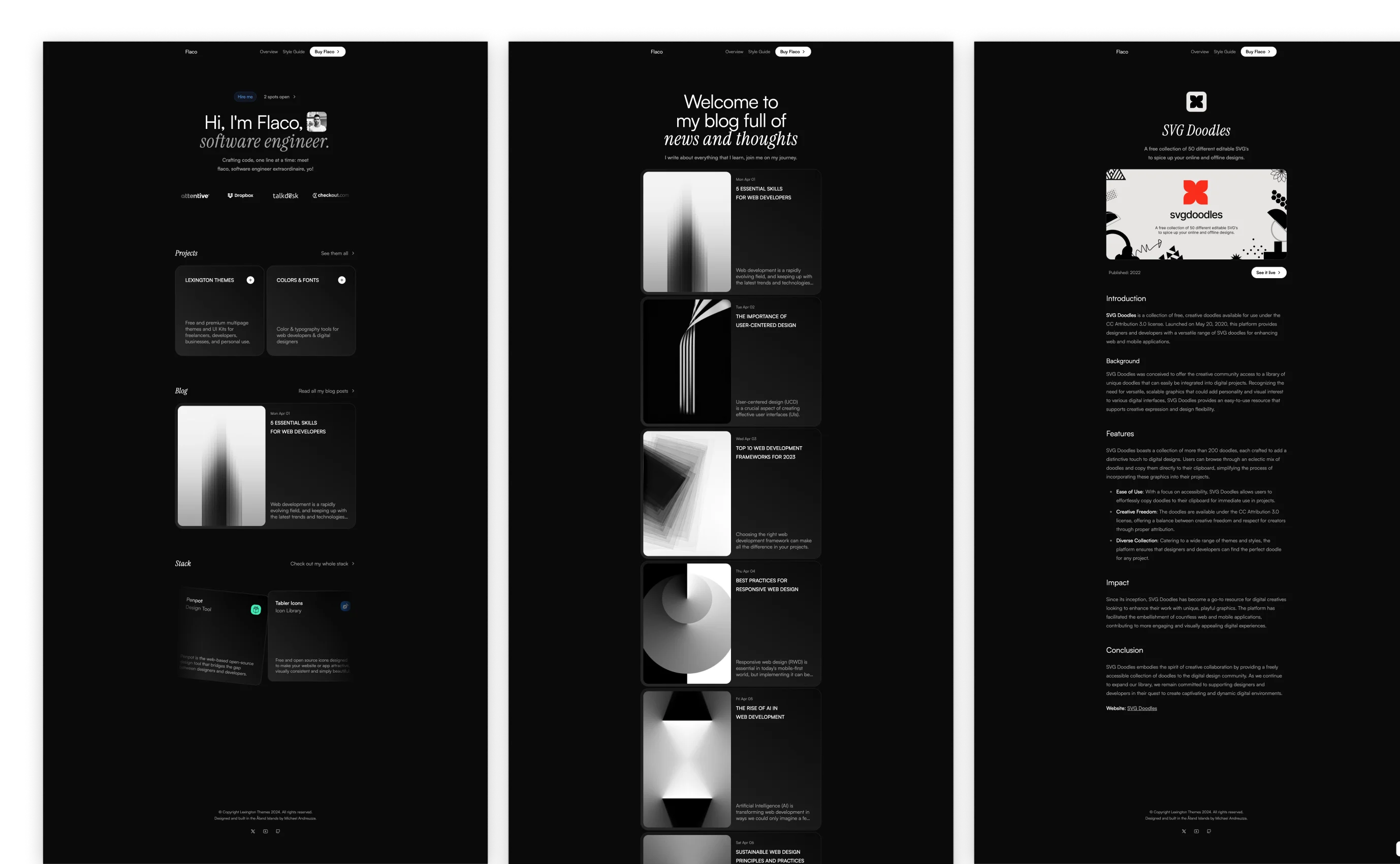 Flaco theme interface showcasing a dark design with text 'Markdown & Flaco is a Portfolio Study Mon,' a laptop on a bed, and various UI elements. Includes a brief intro of the designer from Finland and a call to action to view all projects.