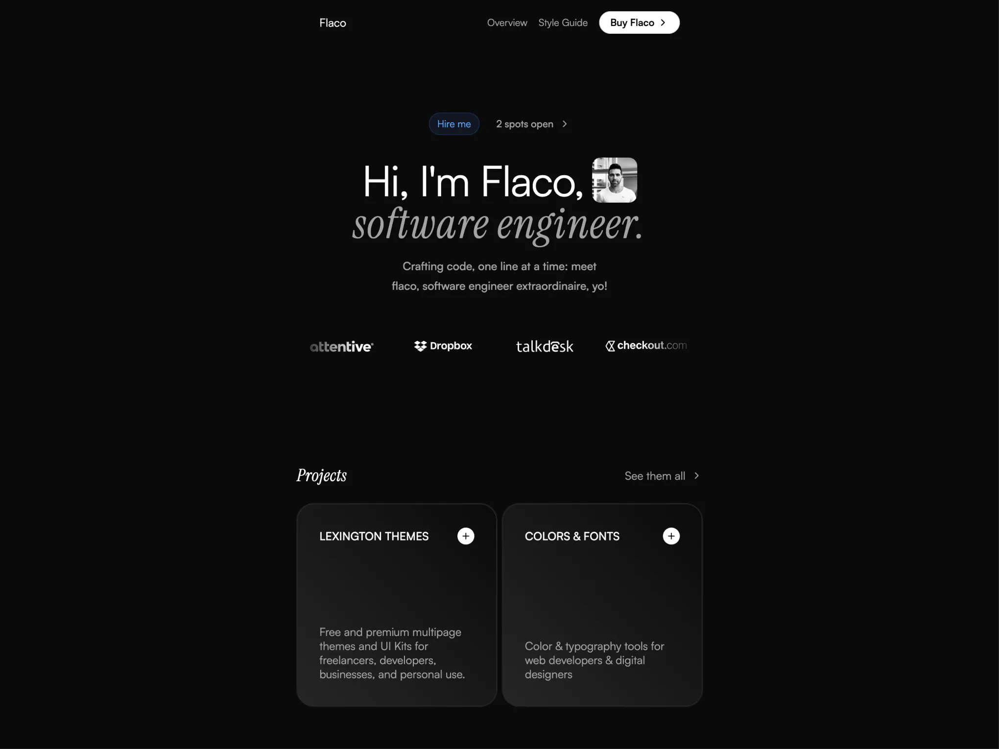 Flaco theme interface showcasing a dark design with text 'Markdown & Flaco is a Portfolio Study Mon,' a laptop on a bed, and various UI elements. Includes a brief intro of the designer from Finland and a call to action to view all projects.