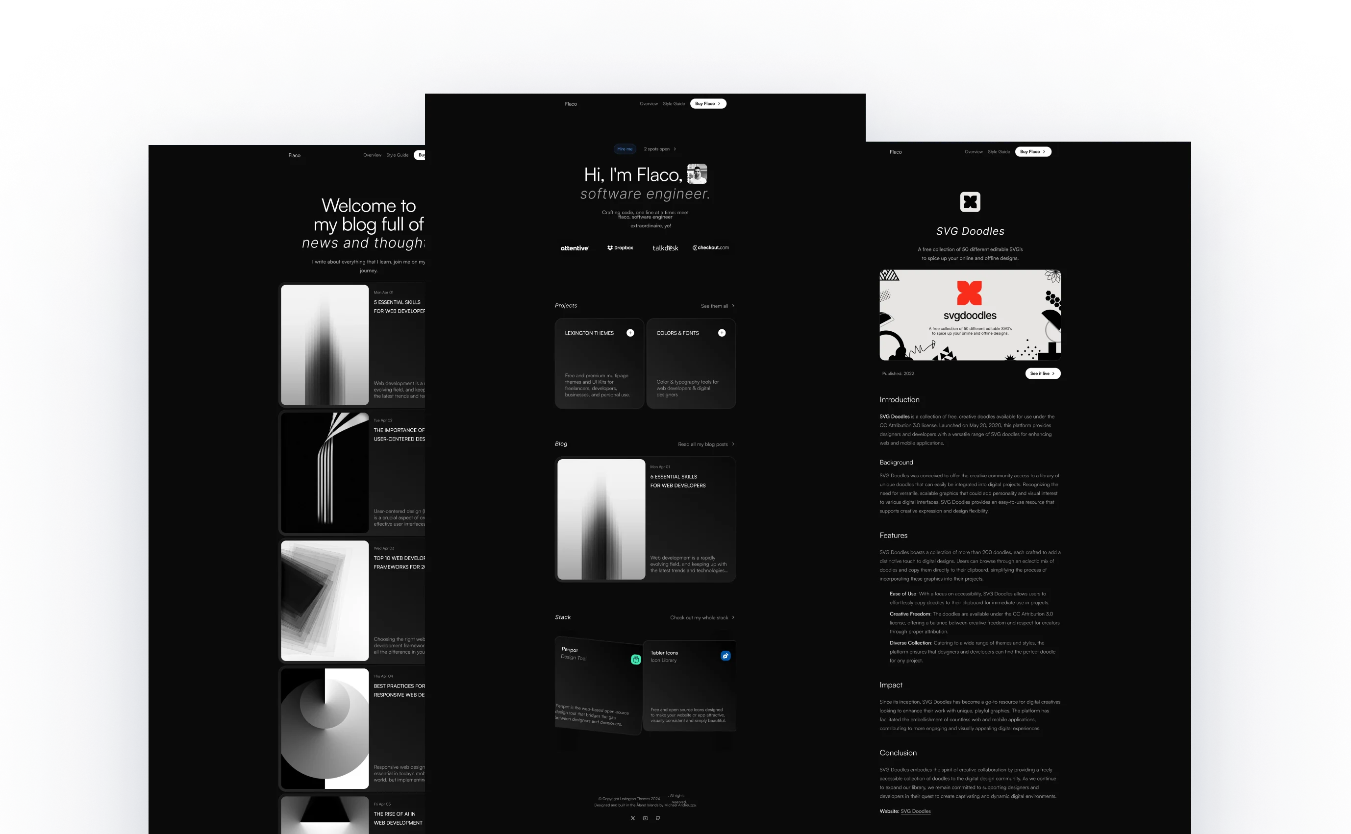 Flaco theme interface showcasing a dark design with text 'Markdown & Flaco is a Portfolio Study Mon,' a laptop on a bed, and various UI elements. Includes a brief intro of the designer from Finland and a call to action to view all projects.