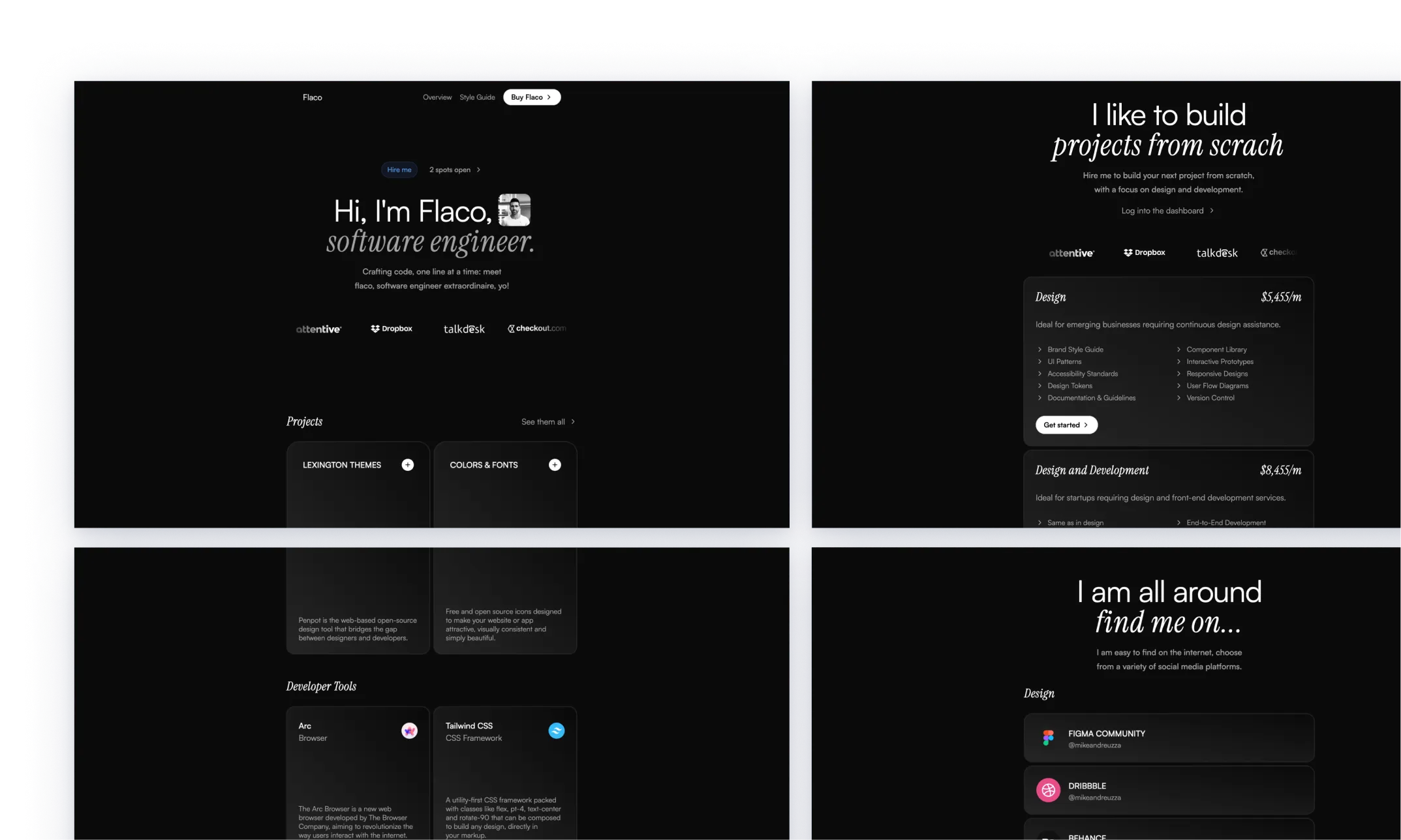 Flaco theme interface showcasing a dark design with text 'Markdown & Flaco is a Portfolio Study Mon,' a laptop on a bed, and various UI elements. Includes a brief intro of the designer from Finland and a call to action to view all projects.