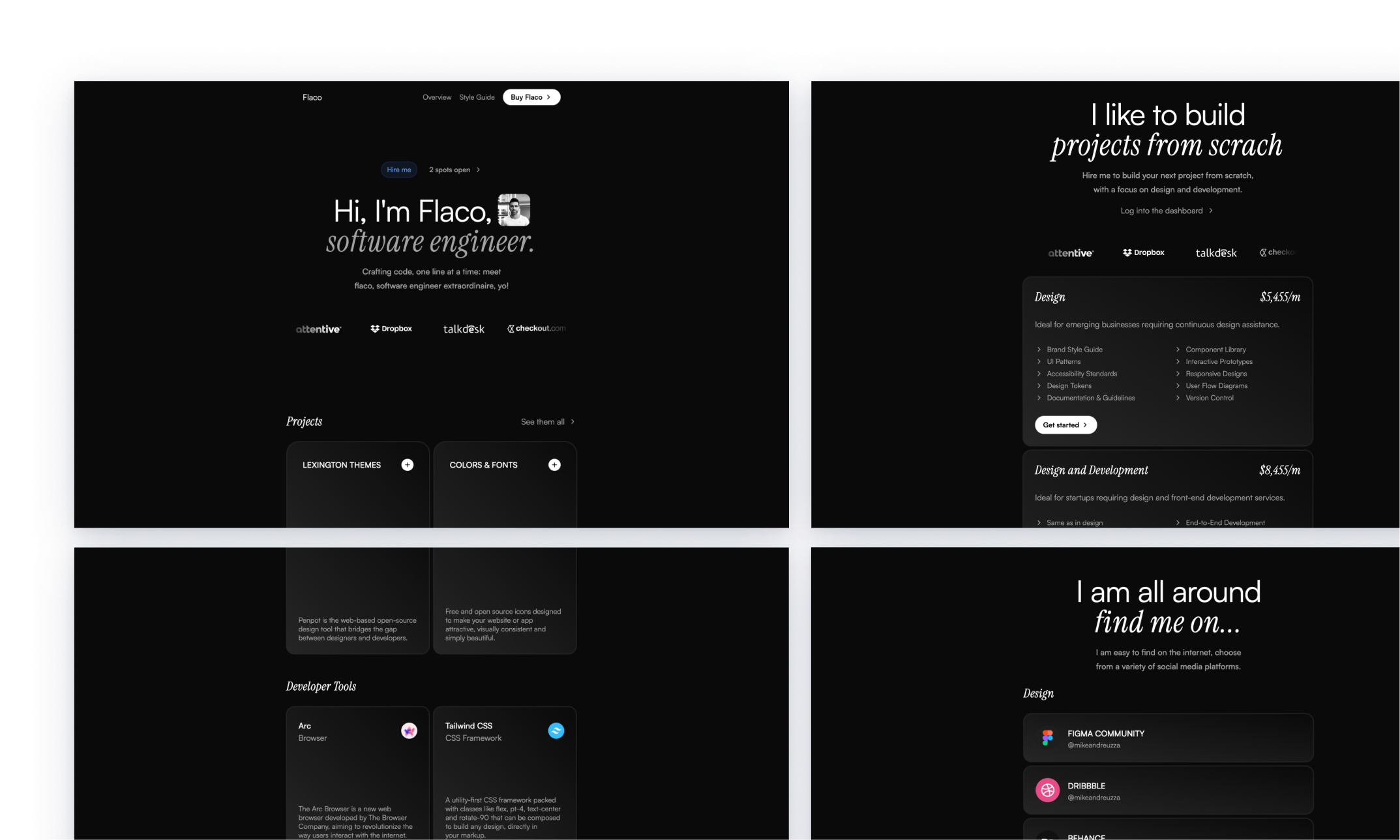 Flaco theme interface showcasing a dark design with text 'Markdown & Flaco is a Portfolio Study Mon,' a laptop on a bed, and various UI elements. Includes a brief intro of the designer from Finland and a call to action to view all projects.